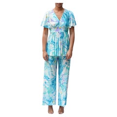 1970S Aqua Blue Poly Blend Jersey Top & Pants Ensemble