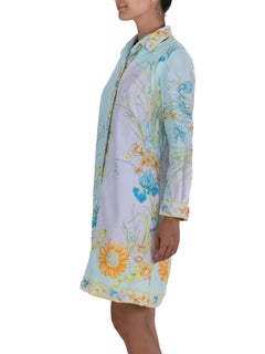 1970S Aqua Blue Shirt Dress With Flower Print