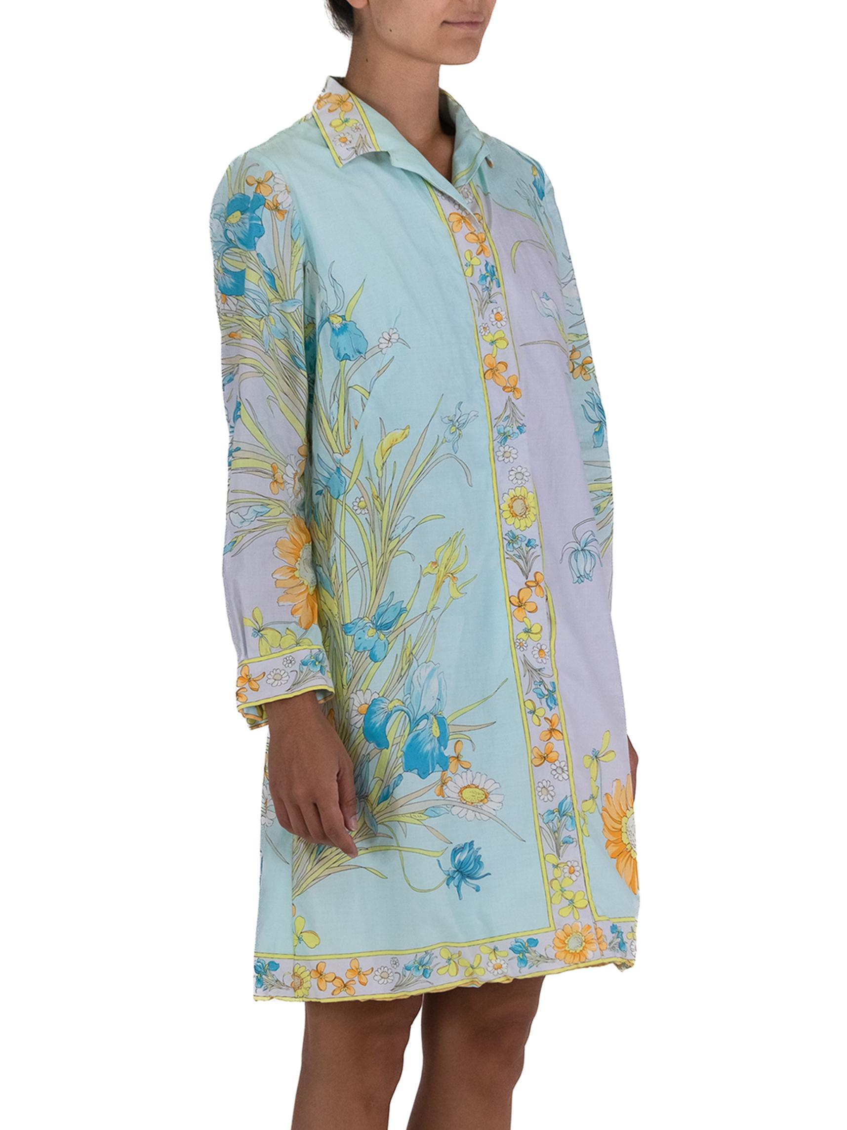 Gray 1970S Aqua Blue Shirt Dress With Flower Print For Sale