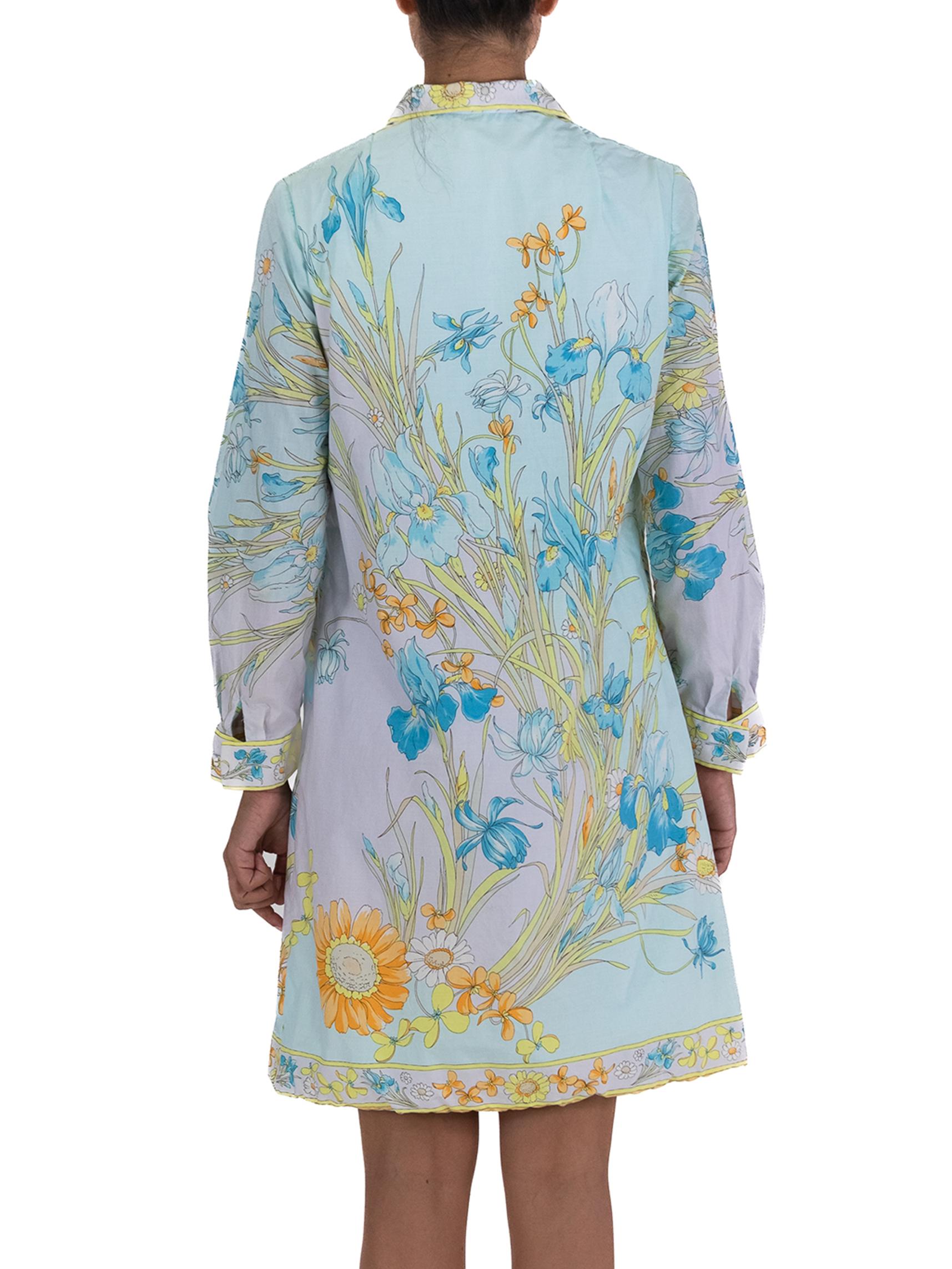 1970S Aqua Blue Shirt Dress With Flower Print In Excellent Condition For Sale In New York, NY