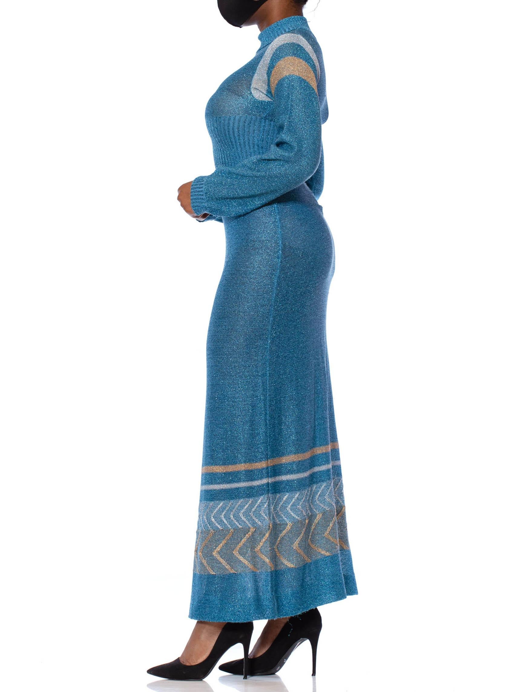 1970S Aquamarine Blue Poly/Lurex Knit Long Sleeved Maxi Dress With A Gold & Sil In Excellent Condition For Sale In New York, NY