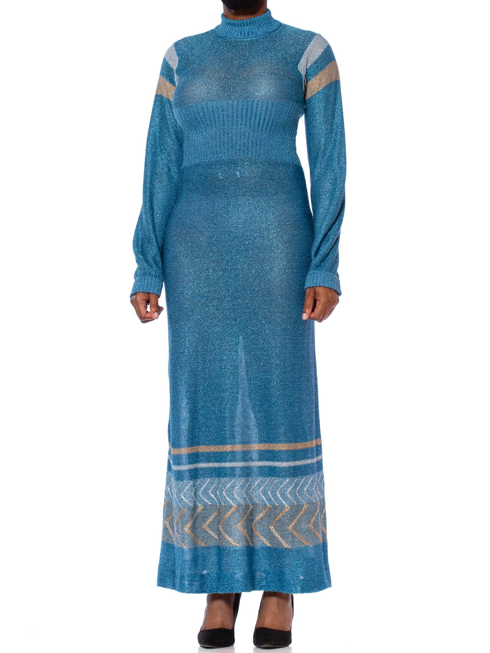 Women's 1970S Aquamarine Blue Poly/Lurex Knit Long Sleeved Maxi Dress With A Gold & Sil For Sale