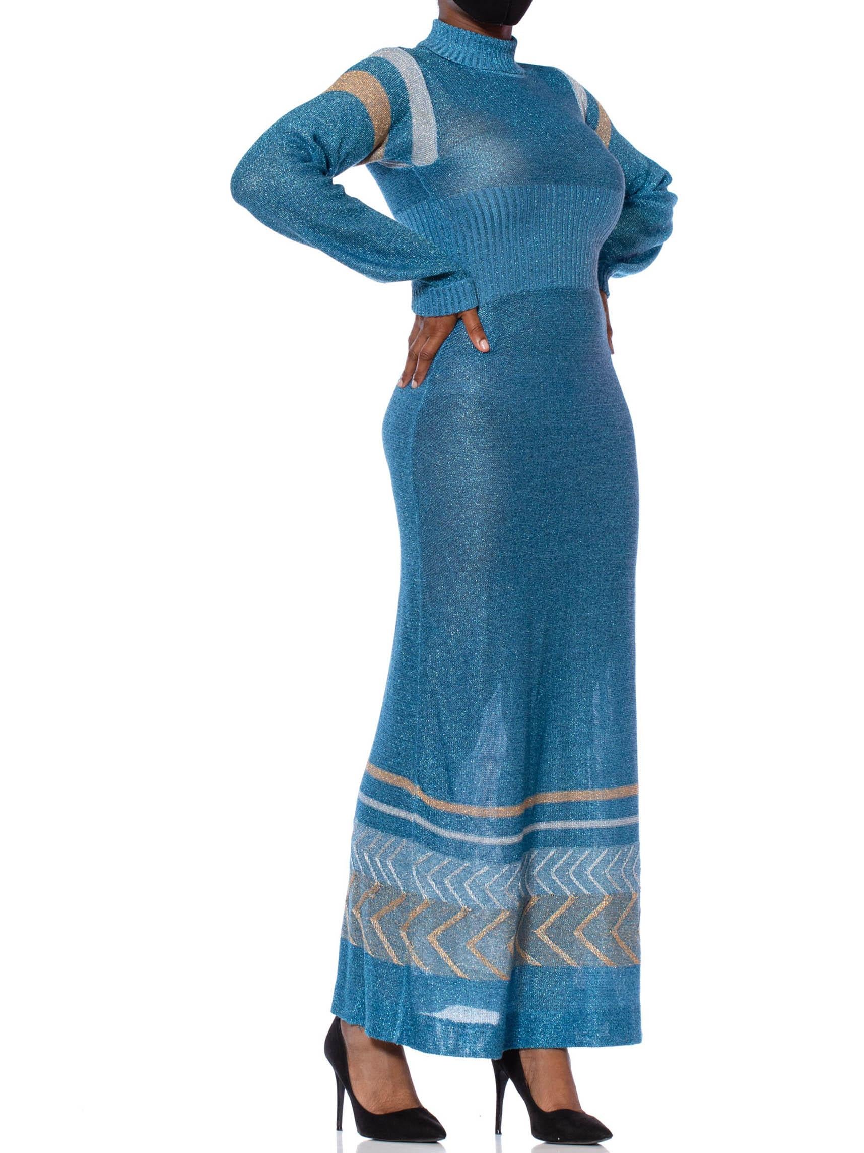 1970S Aquamarine Blue Poly/Lurex Knit Long Sleeved Maxi Dress With A Gold & Sil For Sale 3