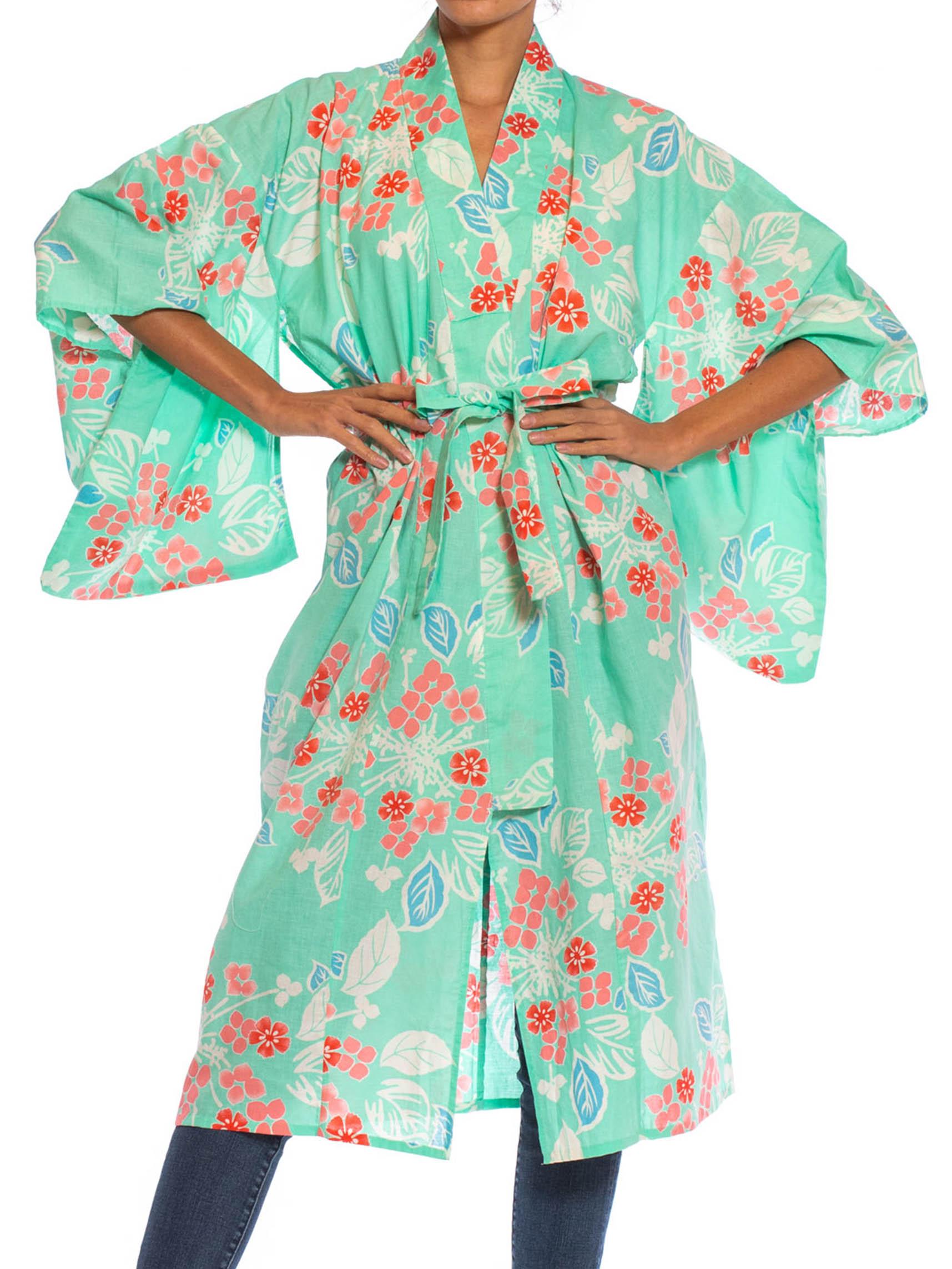 1970S Aquamarine & Pink Cotton Floral Kimono 6