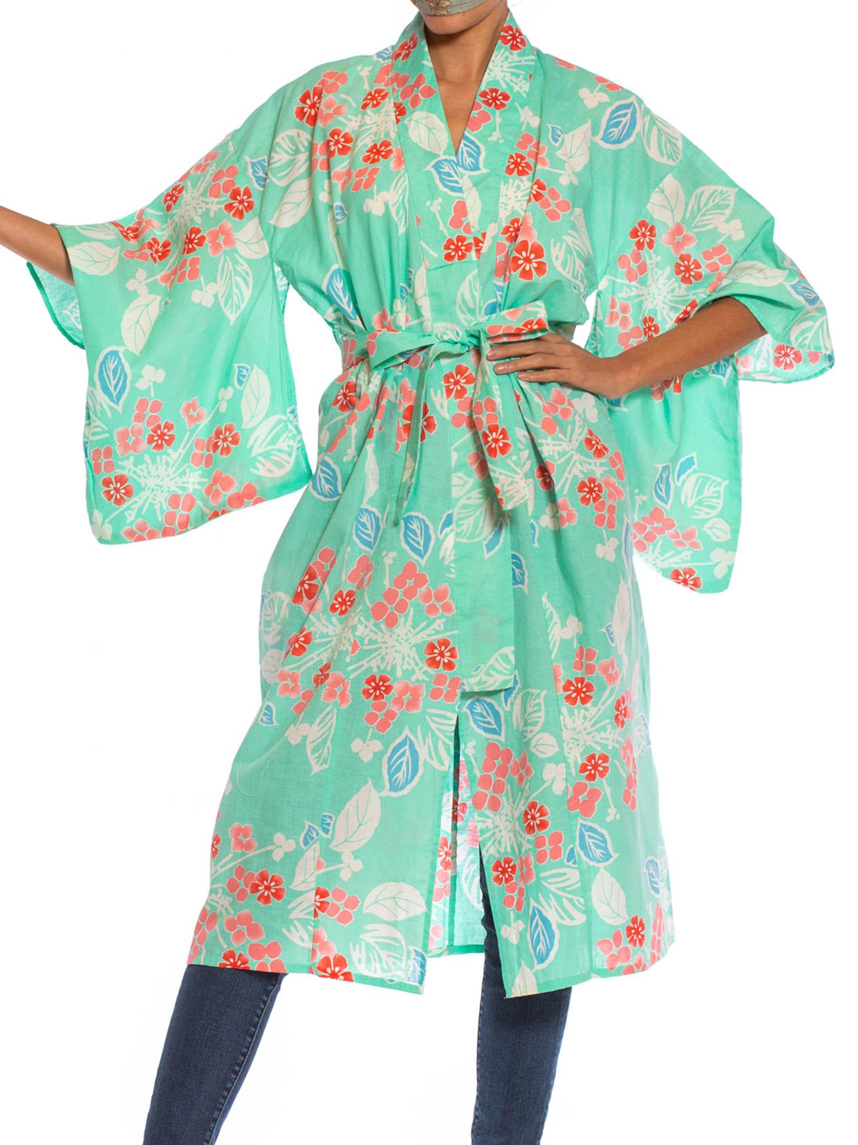 Green 1970S Aquamarine & Pink Cotton Floral Kimono