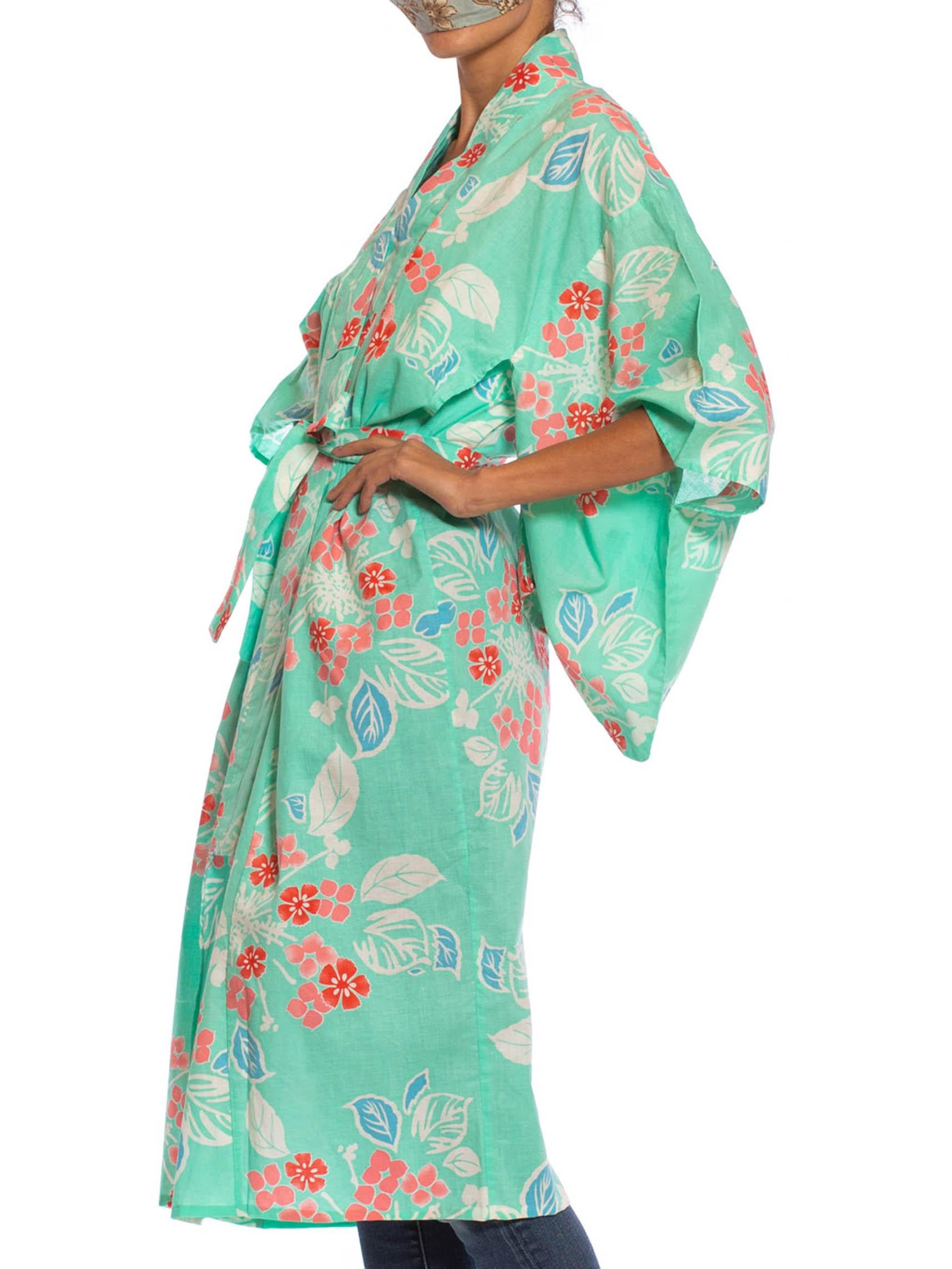 Women's 1970S Aquamarine & Pink Cotton Floral Kimono