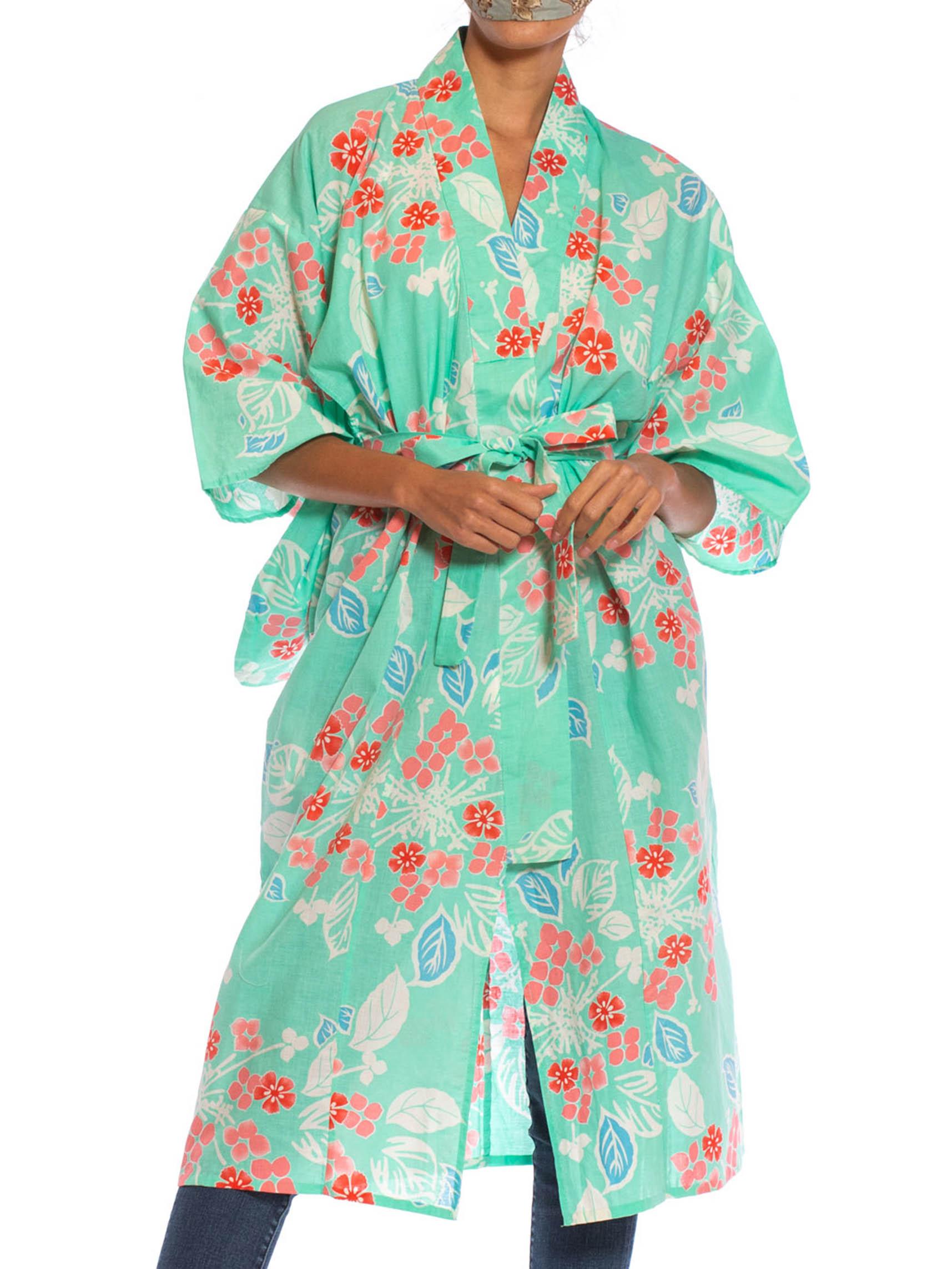 1970S Aquamarine & Pink Cotton Floral Kimono 1