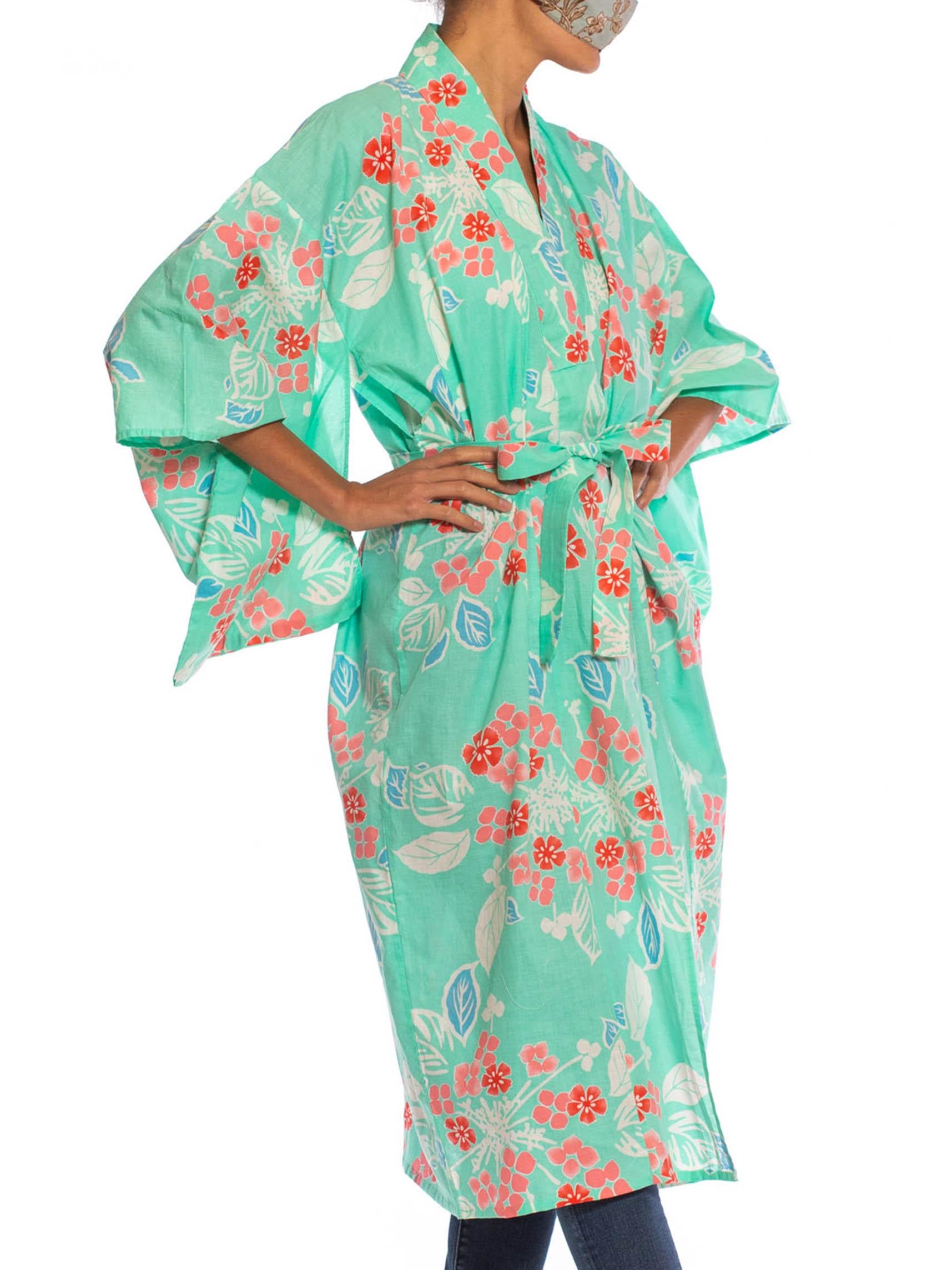 1970S Aquamarine & Pink Cotton Floral Kimono 2