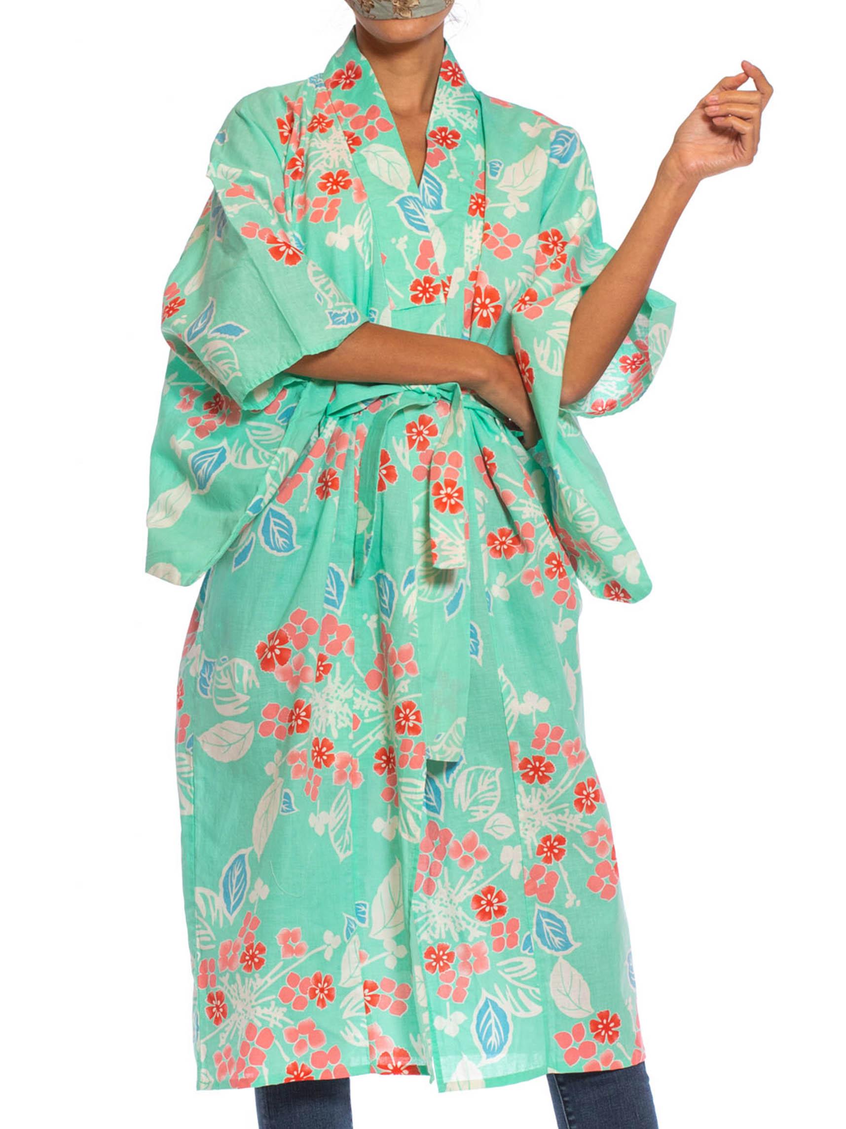1970S Aquamarine & Pink Cotton Floral Kimono 3