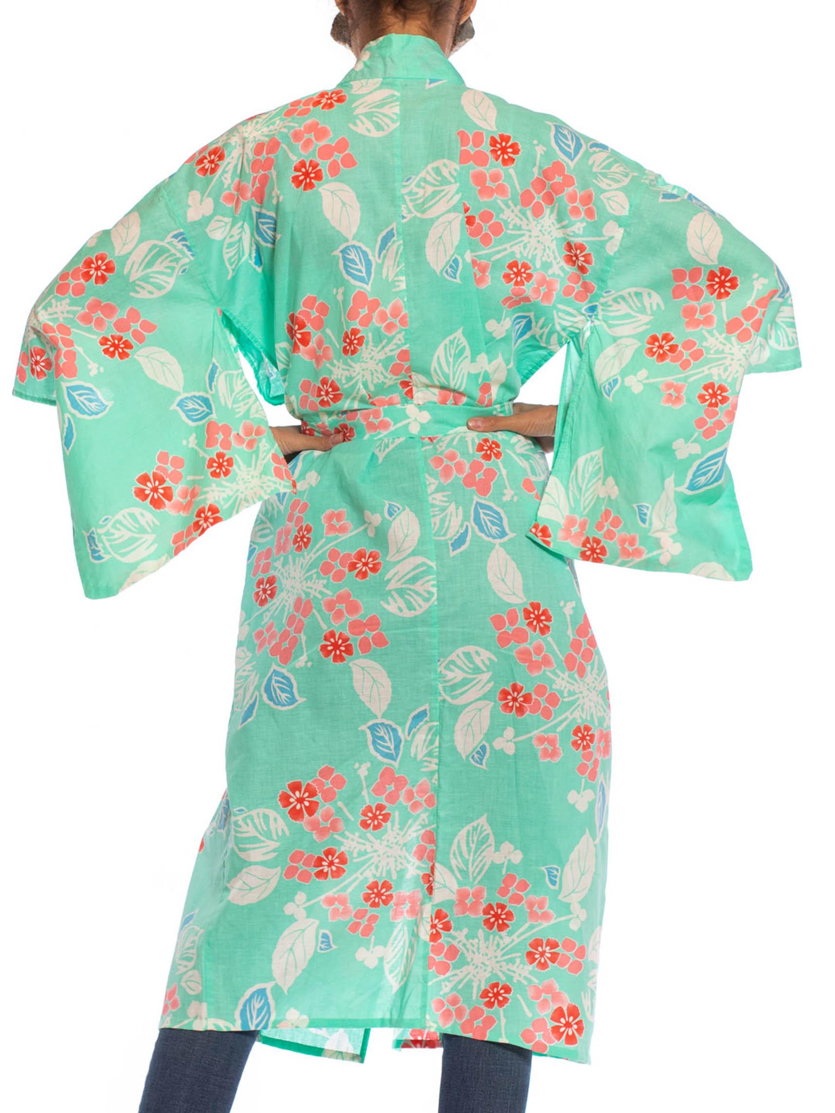 1970S Aquamarine & Pink Cotton Floral Kimono 4