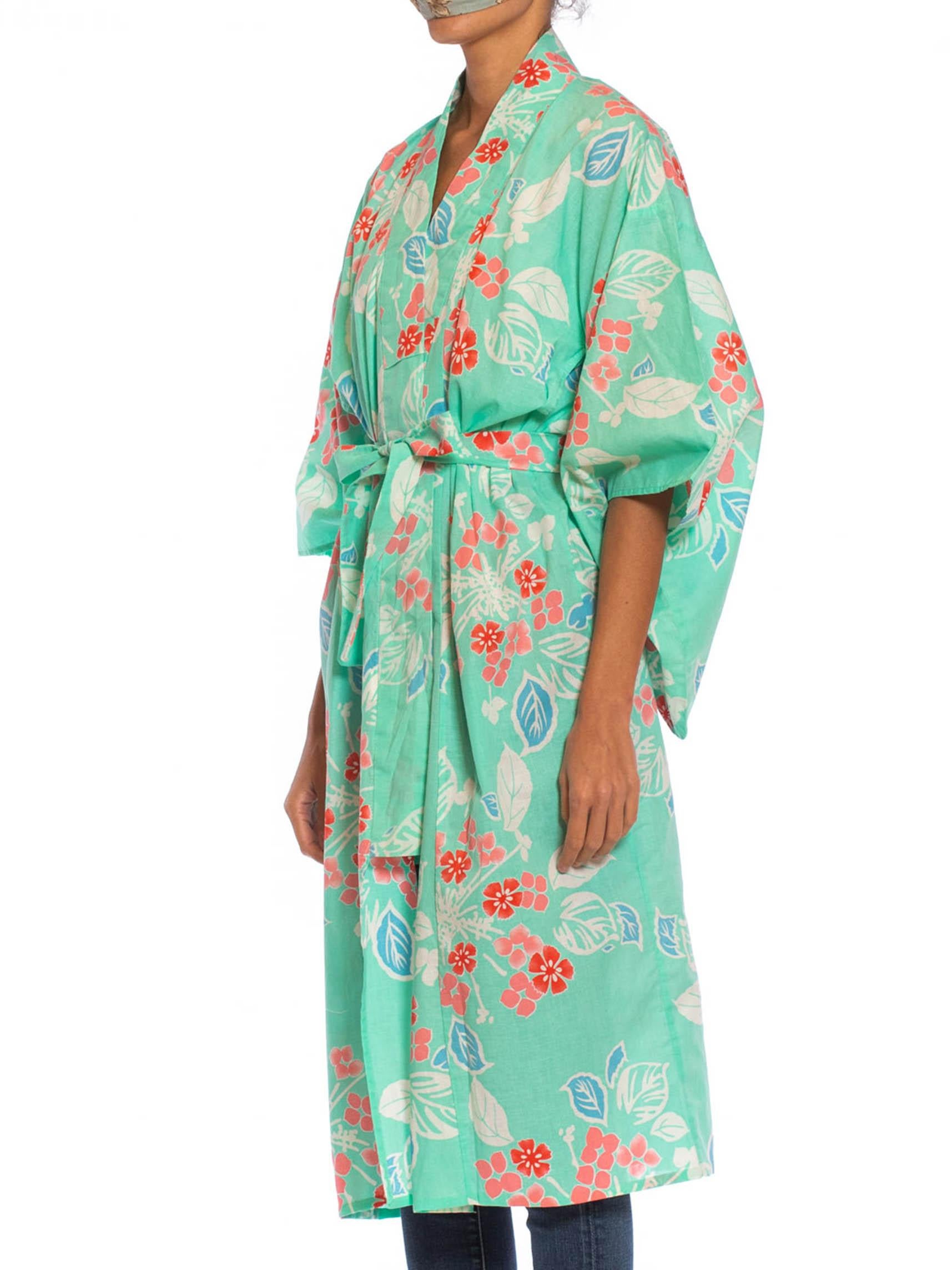 1970S Aquamarine & Pink Cotton Floral Kimono 5