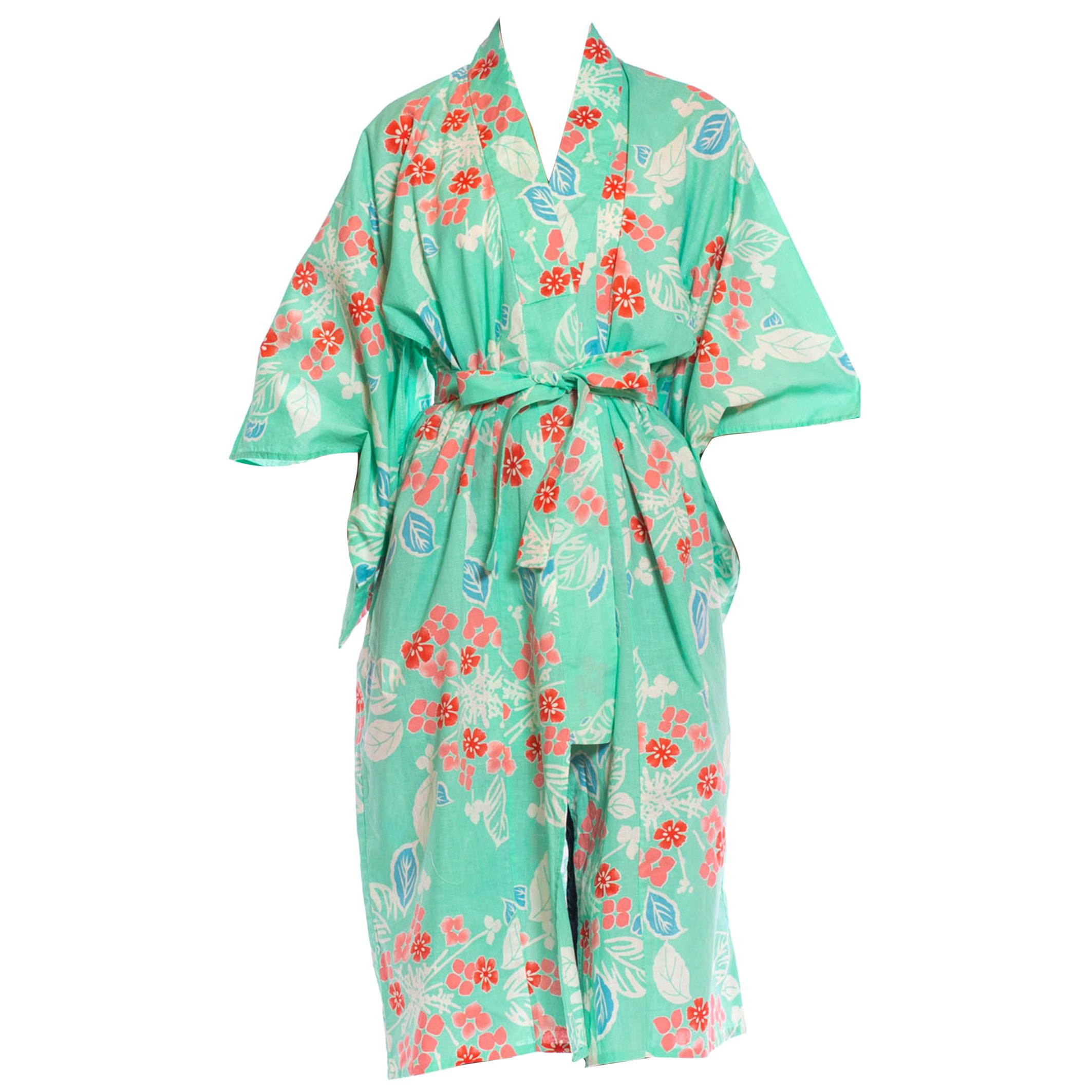 1970S Aquamarine & Pink Cotton Floral Kimono