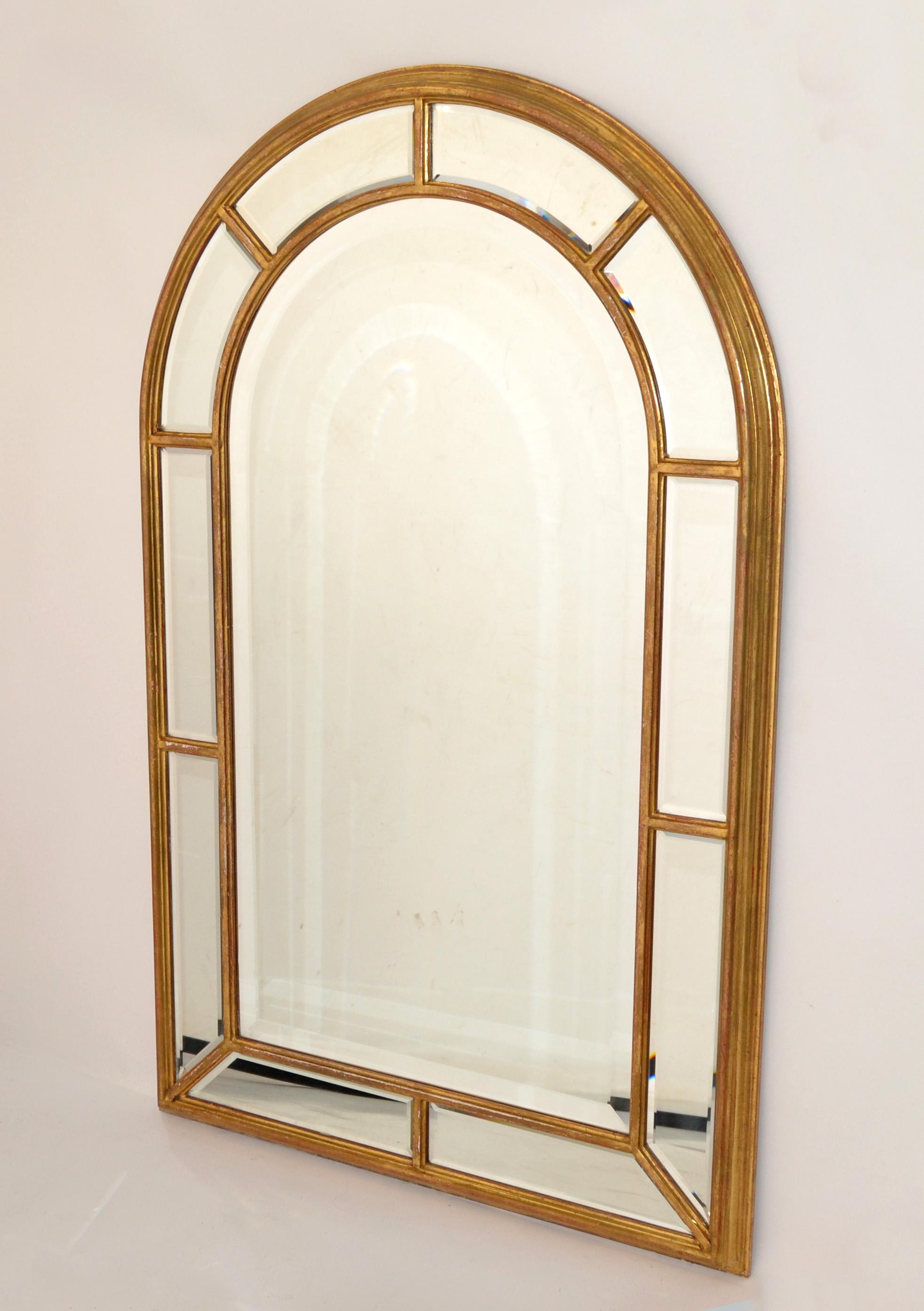 Late 20th Century 1970s Arch Shaped Italian Firenze Beveled Glass Wall Mirror with Gilt Wood Frame For Sale