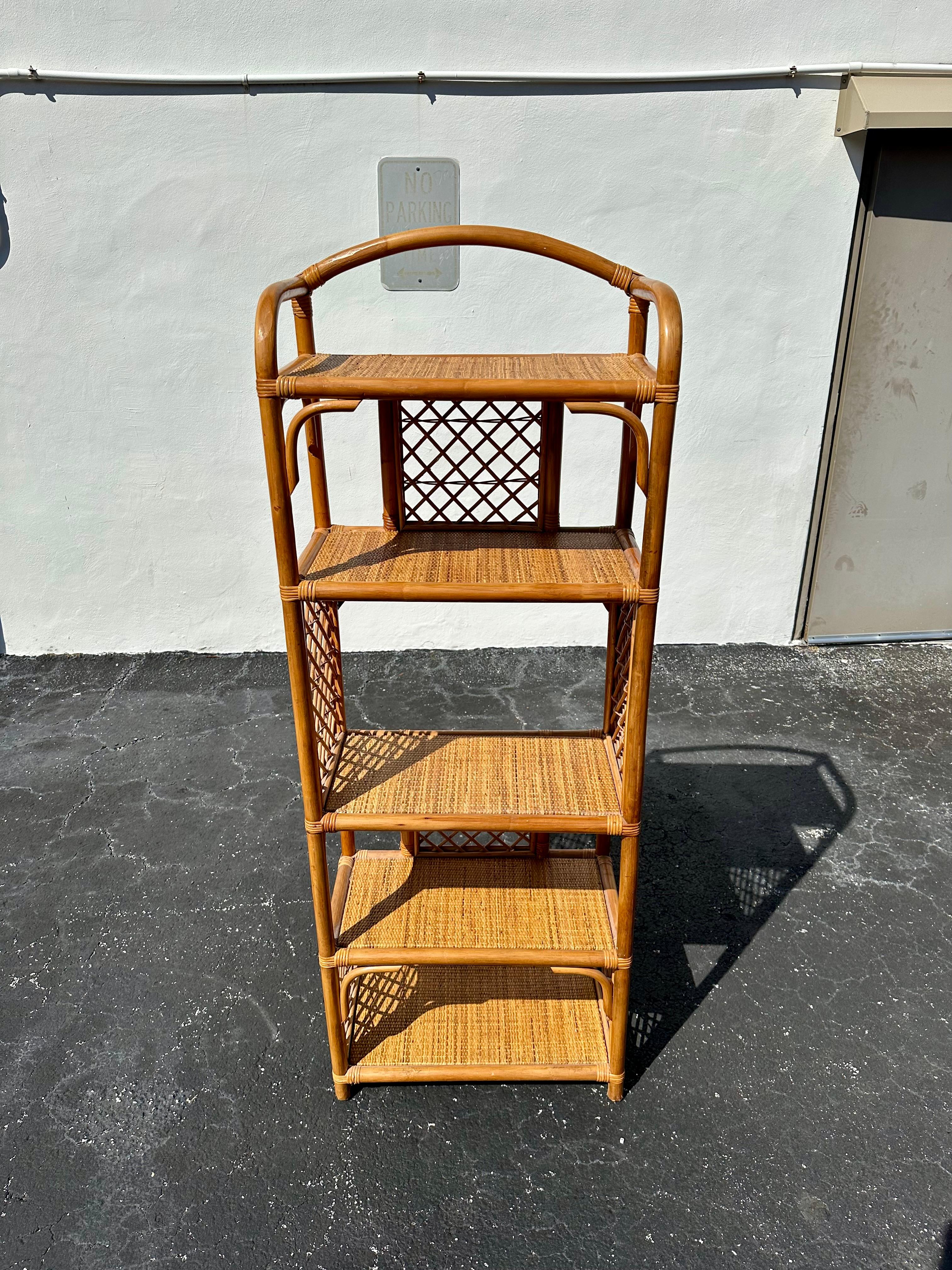 Bohemian 1970s Arched Rattan Cane Display Shelf  Etageres