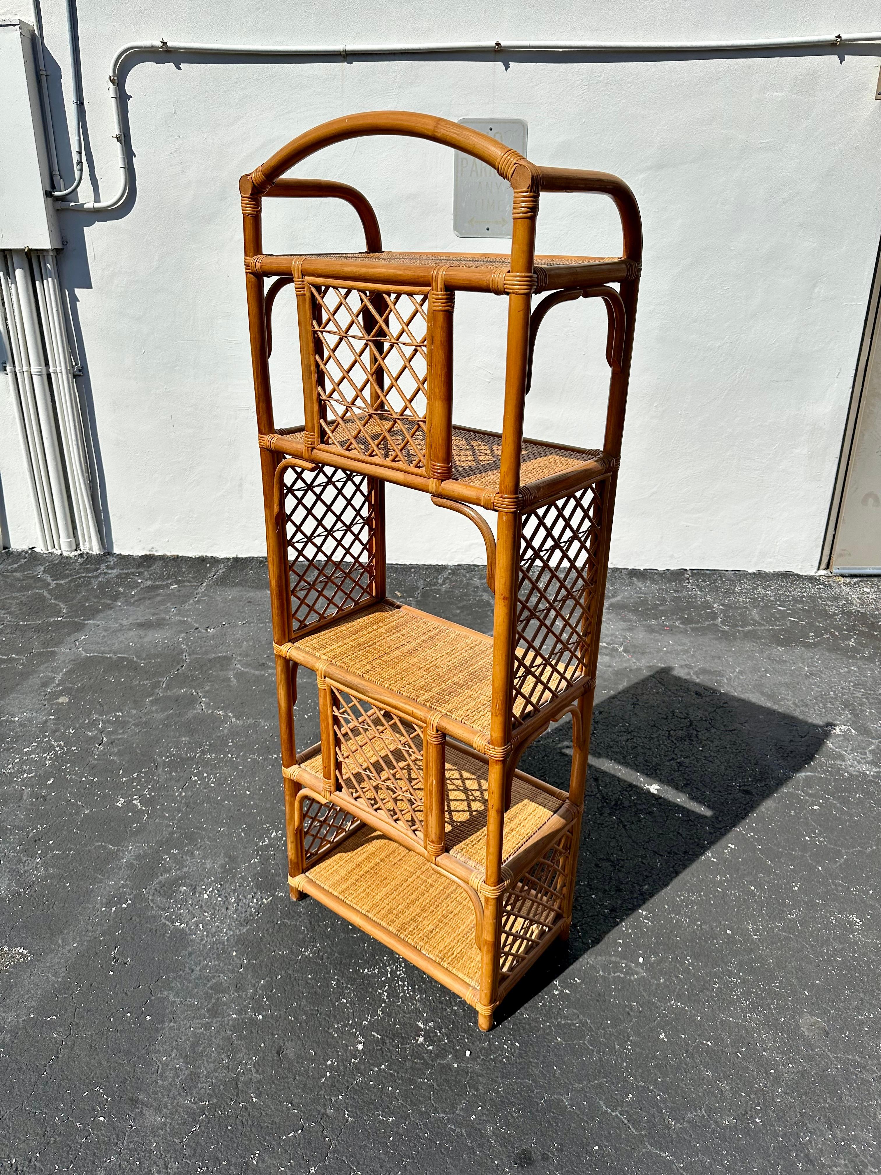 1970s Arched Rattan Cane Display Shelf  Etageres 1