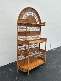 1970s XL Arched Rattan Teak Display Shelf Bookcase Etageres