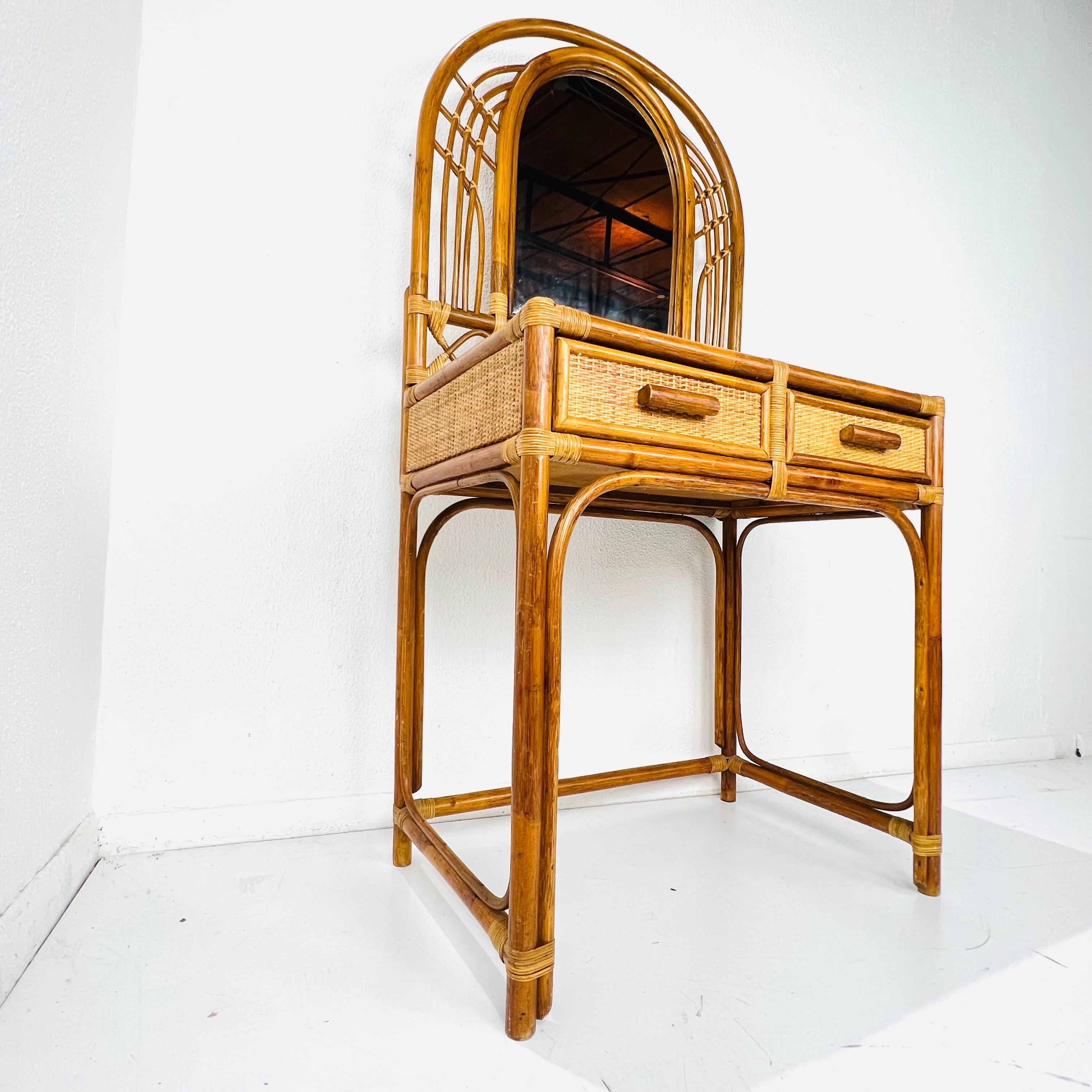 Mid-Century Modern 1970s Arched Rattan Vanity with Mirror