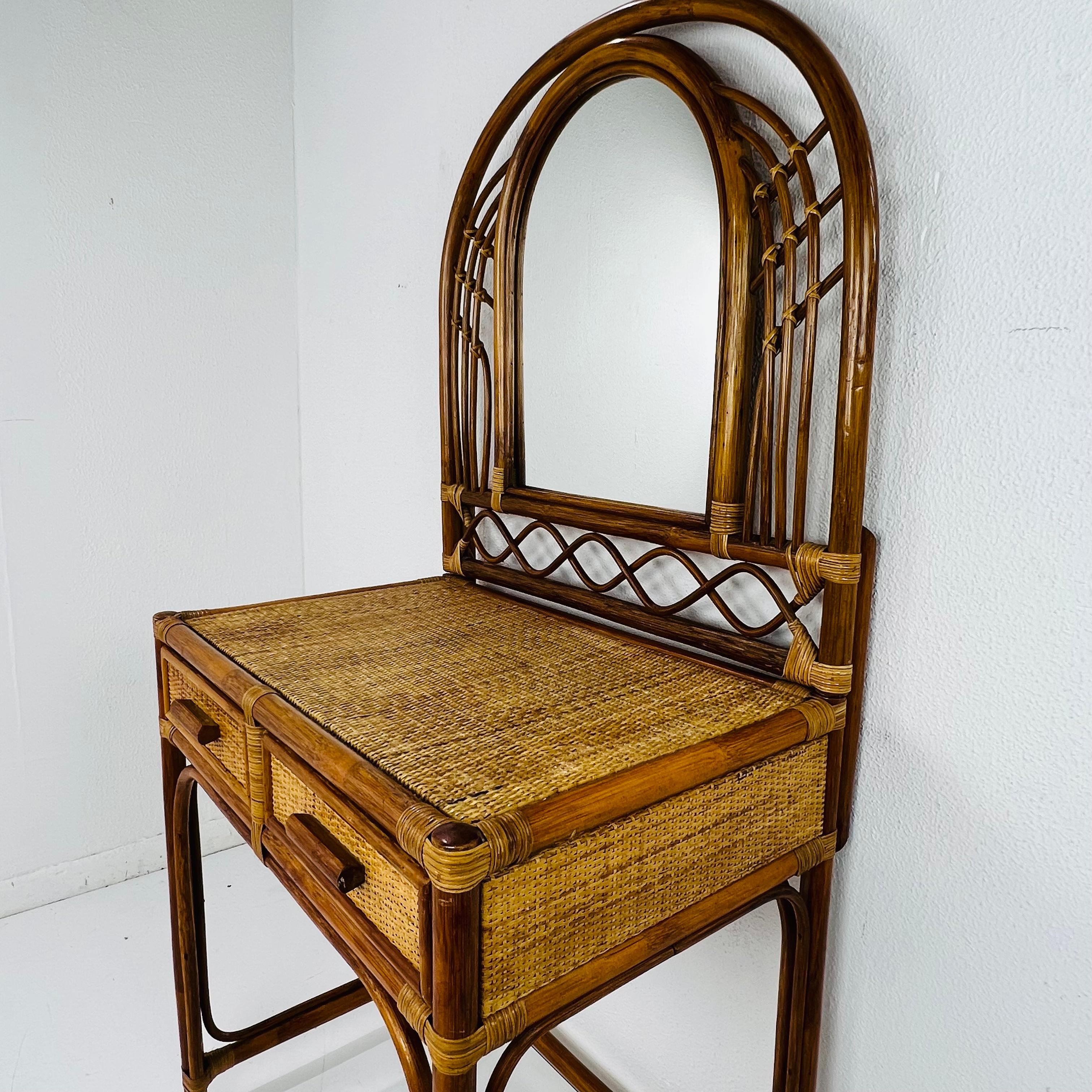 American 1970s Arched Rattan Vanity with Mirror