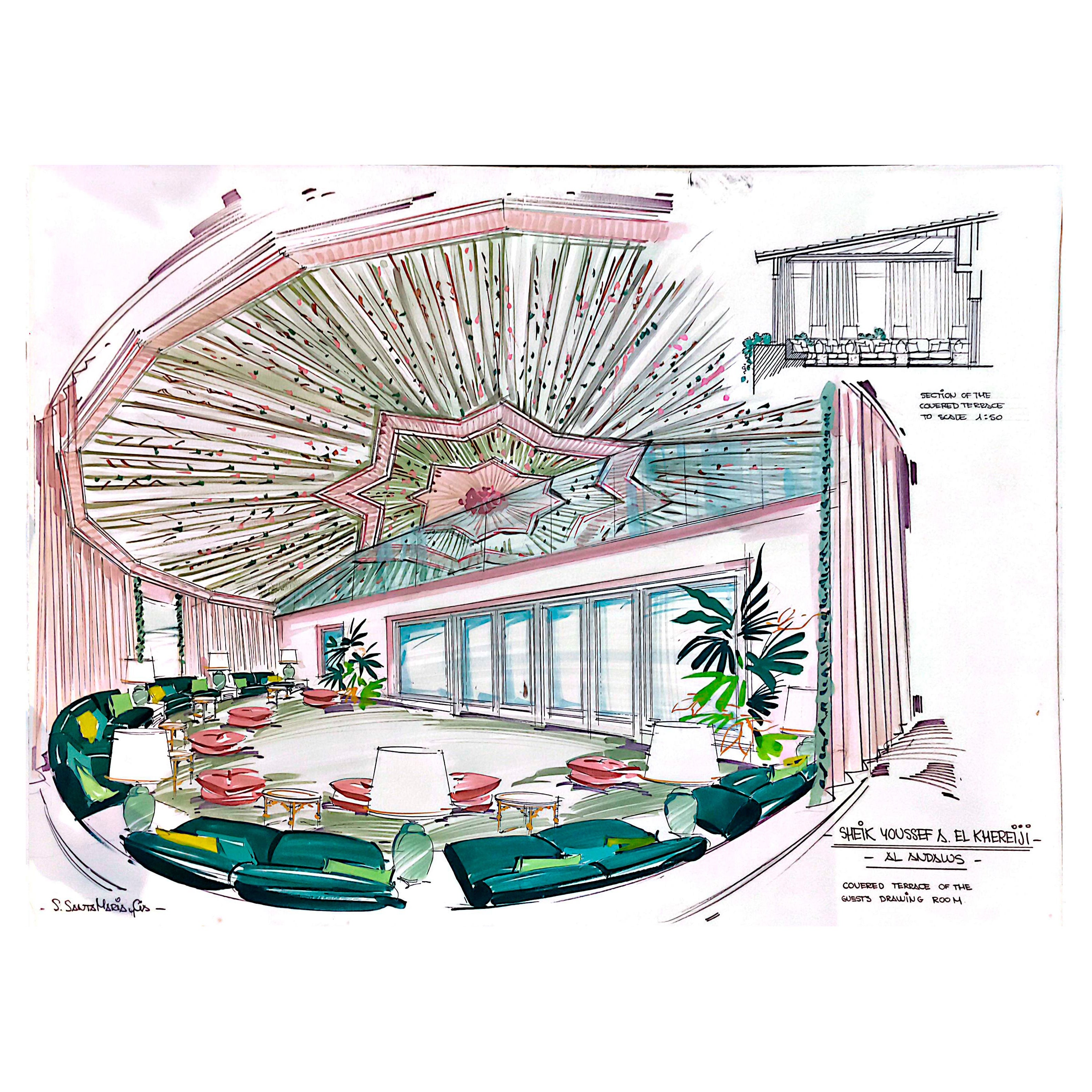 1970s Architectural Drawing “Al Andalus”, Covered Terrace for Guest Room