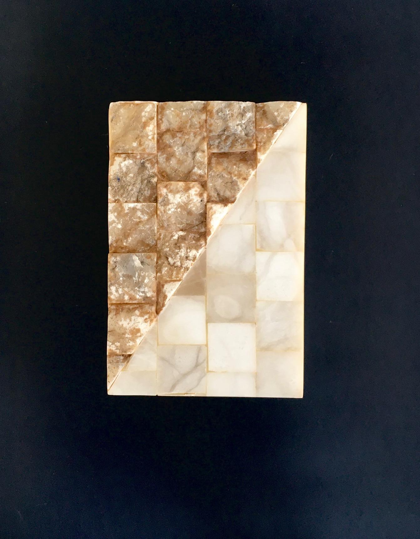 Vintage Architectural Onyx Stone Sconce Wall Lamp - model 2. Made in Italy, 1970's period. Onyx stone carved and fitted together to make this large rectangular sconce. This comes in very good condition, with lamp fitting wall plate. This takes 2