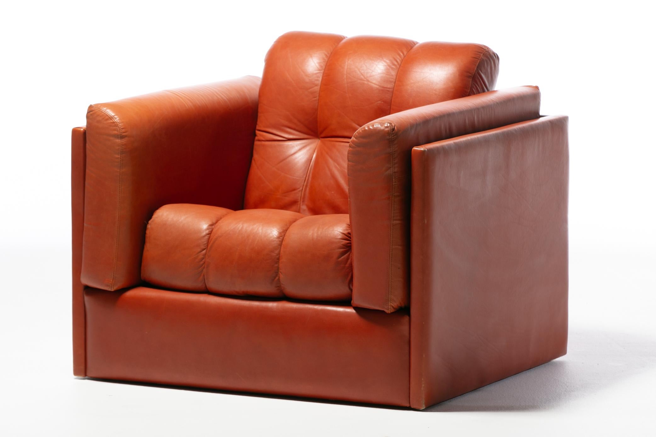 1970s Architectural Mid Century Modern Club Chairs in Cognac Leather For Sale 7