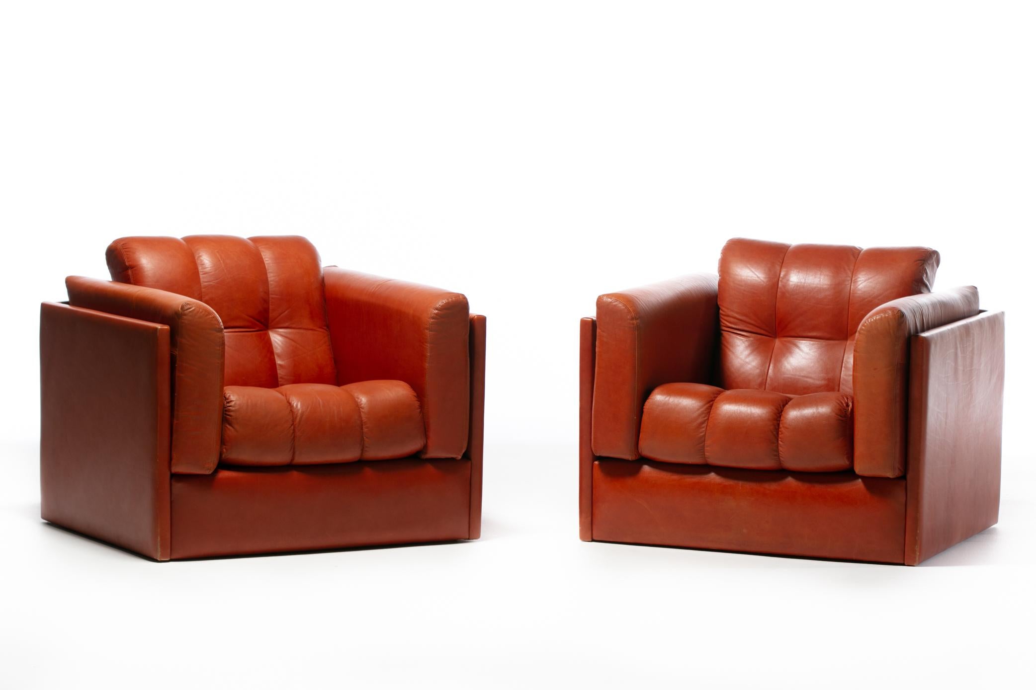 Italian 1970s Architectural Mid Century Modern Club Chairs in Cognac Leather For Sale