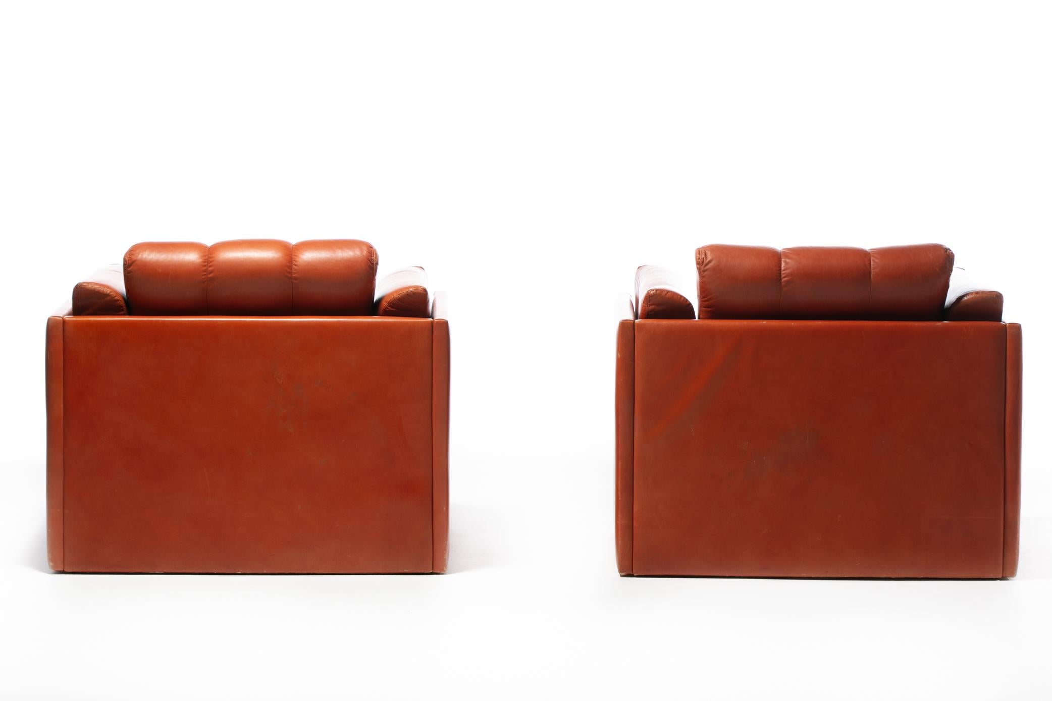 1970s Architectural Mid Century Modern Club Chairs in Cognac Leather In Good Condition For Sale In Saint Louis, MO