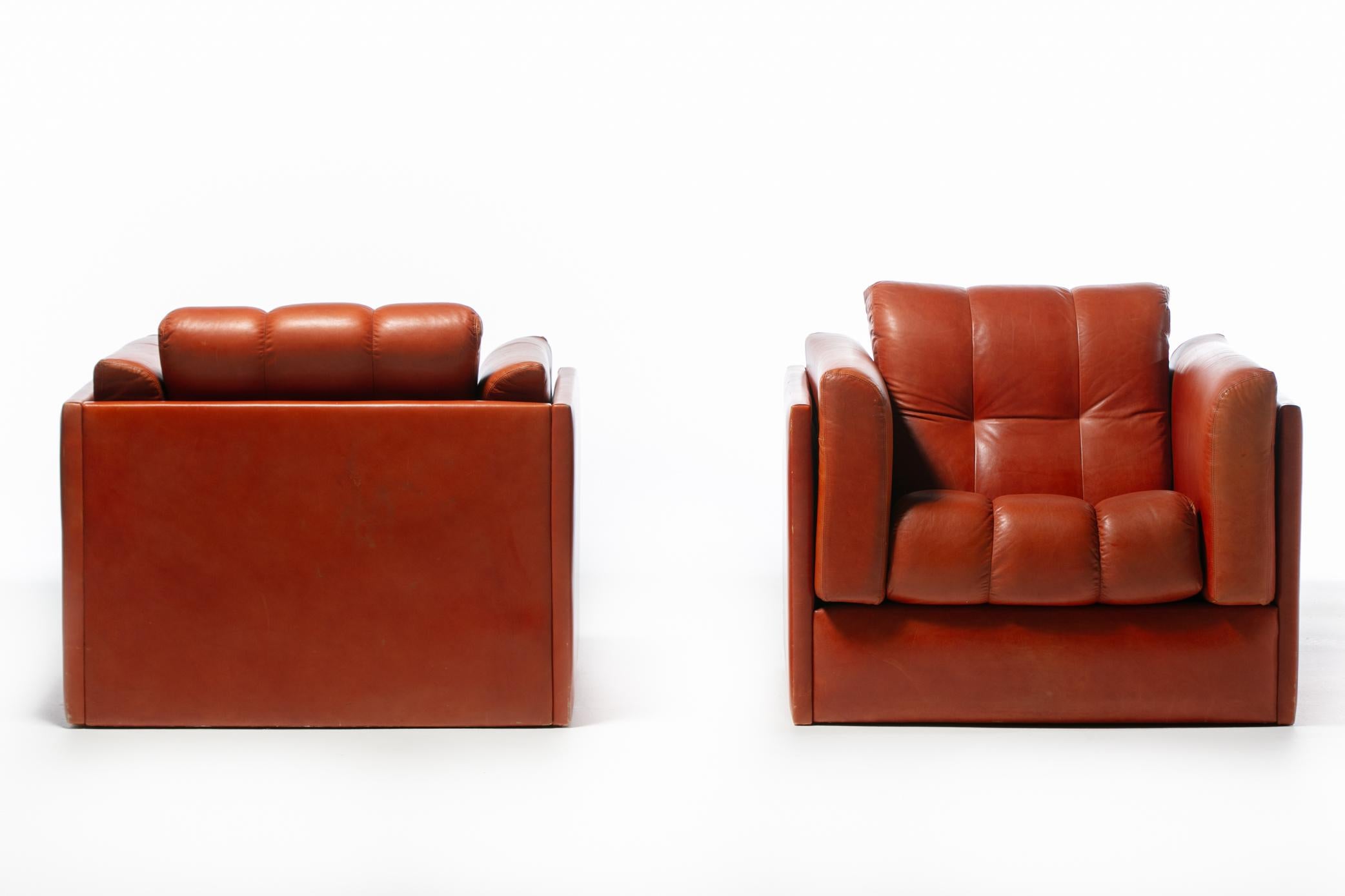 Late 20th Century 1970s Architectural Mid Century Modern Club Chairs in Cognac Leather For Sale