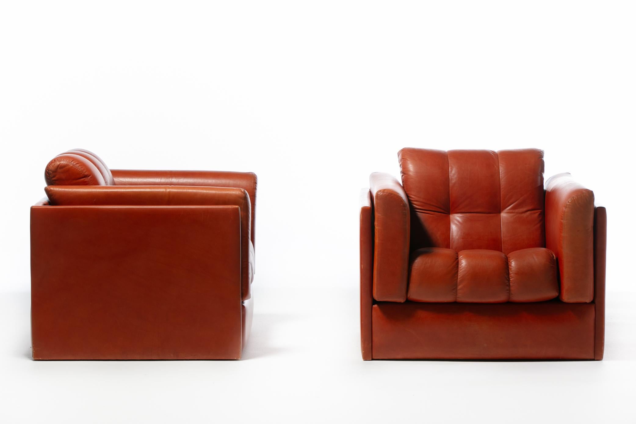 1970s Architectural Mid Century Modern Club Chairs in Cognac Leather For Sale 1