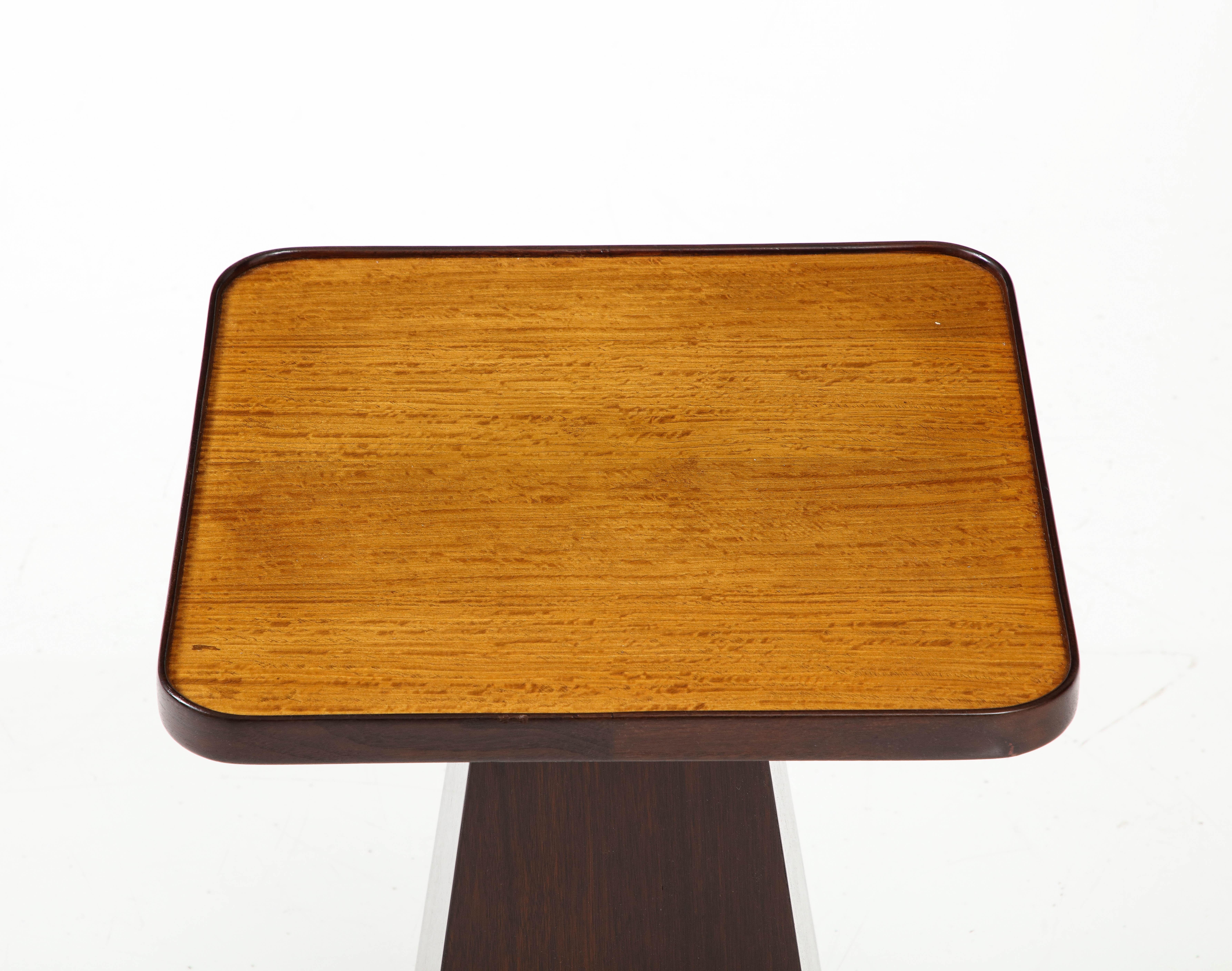 1970's mid-century modern walnut and lacquer architectural square side table, fully restored with minor wear and patina due to age and use. 