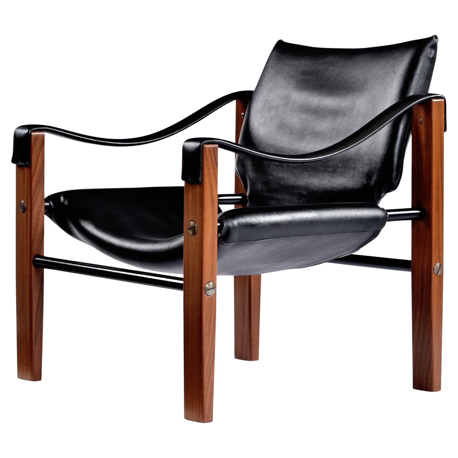 1970er Arkana Safari Sling Teak Lounge Chair von Maurice Burke in schwarzem Leder im Angebot