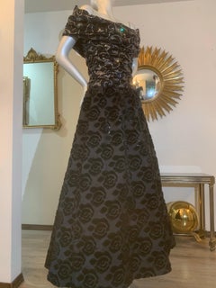 1970s Arnold Scaasi Off-Shoulder Rhinestone Embellished Velvet Bell Skirt Gown