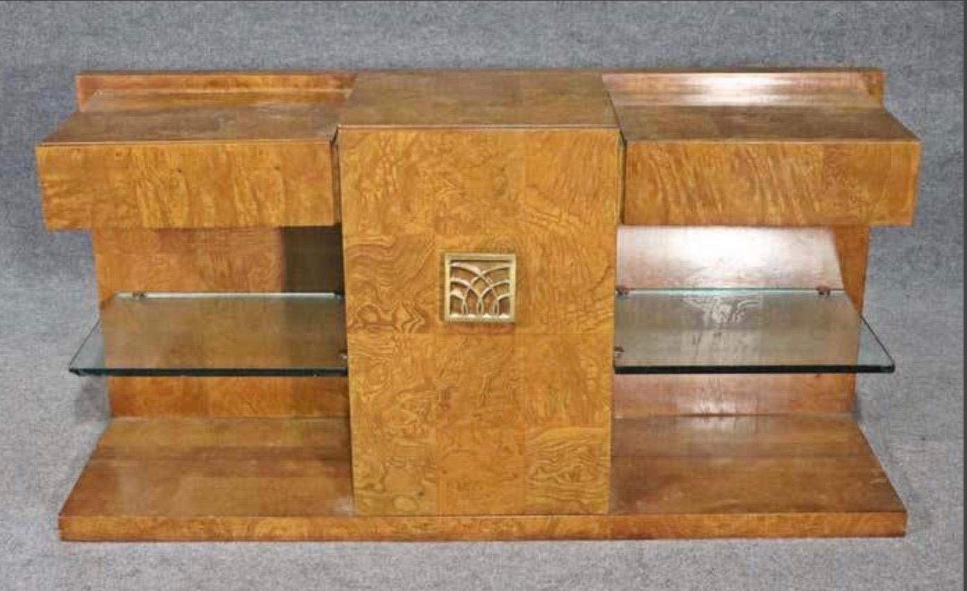 North American 1970's Art Deco Burl Wood Floating Shelf Console by Jay Spectre for Century  For Sale