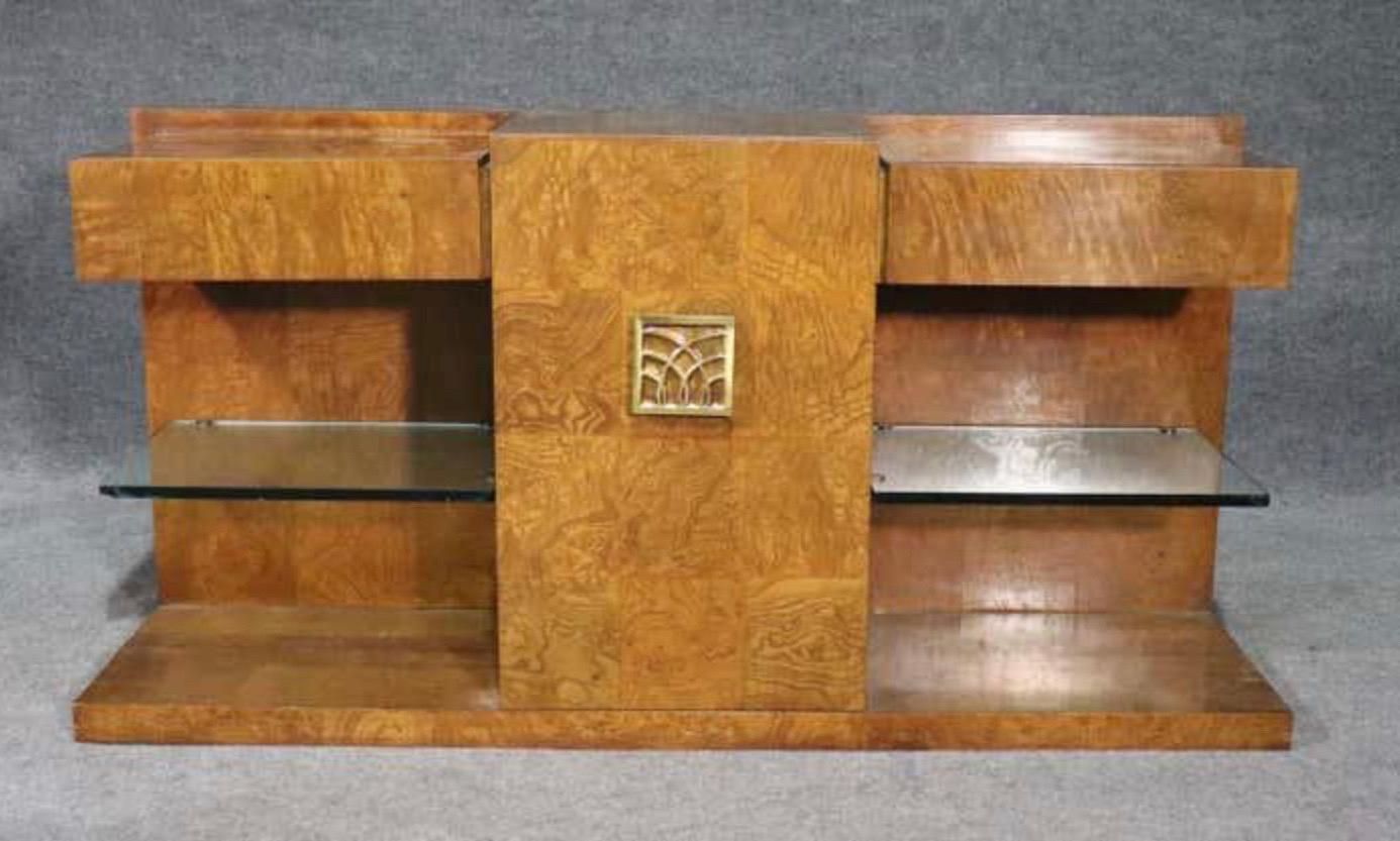 1970's Art Deco Burl Wood Floating Shelf Console by Jay Spectre for Century  In Good Condition For Sale In Hartville, OH