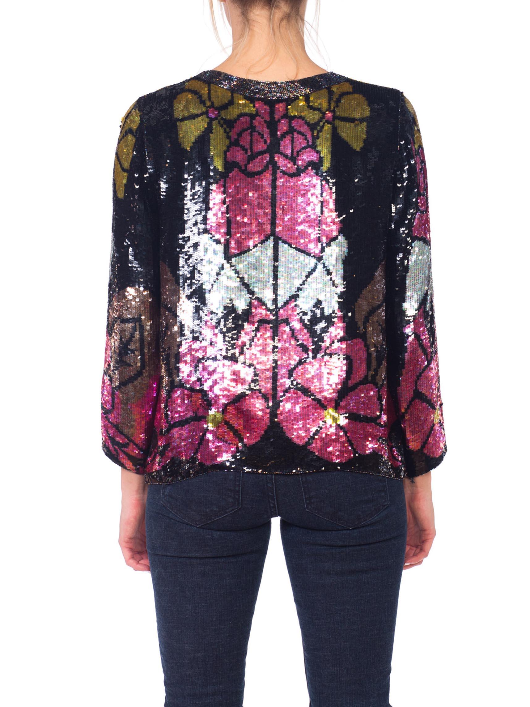1970s Art Deco Floral Stained Glass Beaded Sequin Silk Jacket In Good Condition In New York, NY