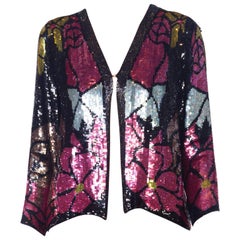 Vintage 1970s Art Deco Floral Stained Glass Beaded Sequin Silk Jacket