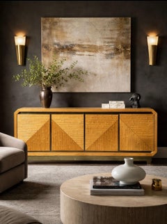 Credenza o cassapanca moderna in finto bambù, acero e ottone, degli anni '70.