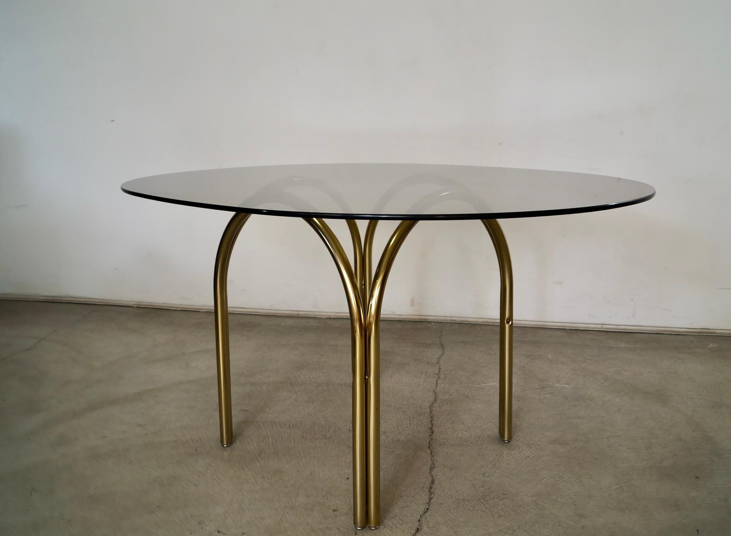 1970's Art Deco Hollywood Regency Brass & Smoked Glass Dining Table For Sale 5