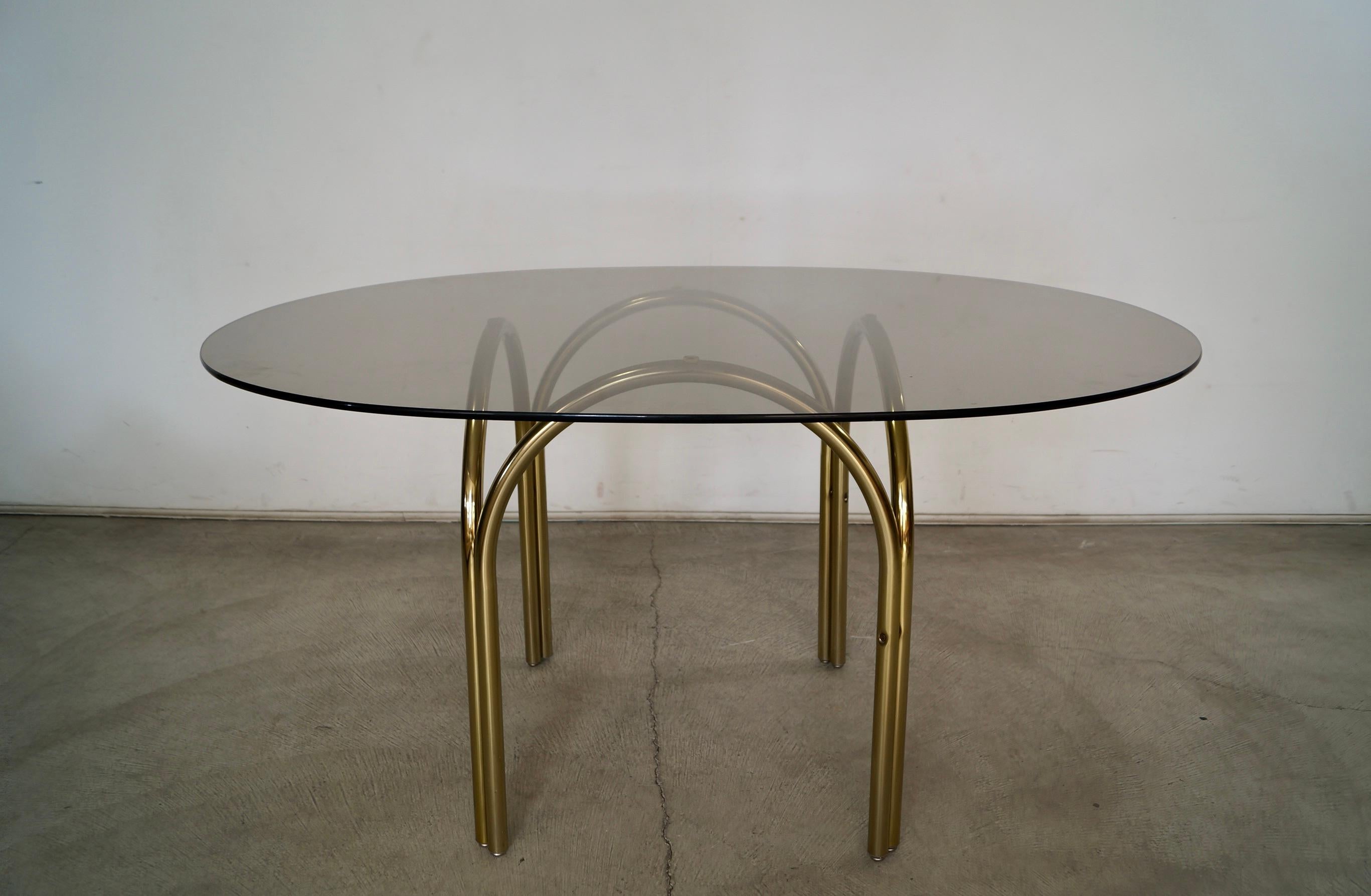 1970's Art Deco Hollywood Regency Brass & Smoked Glass Dining Table In Good Condition For Sale In Burbank, CA