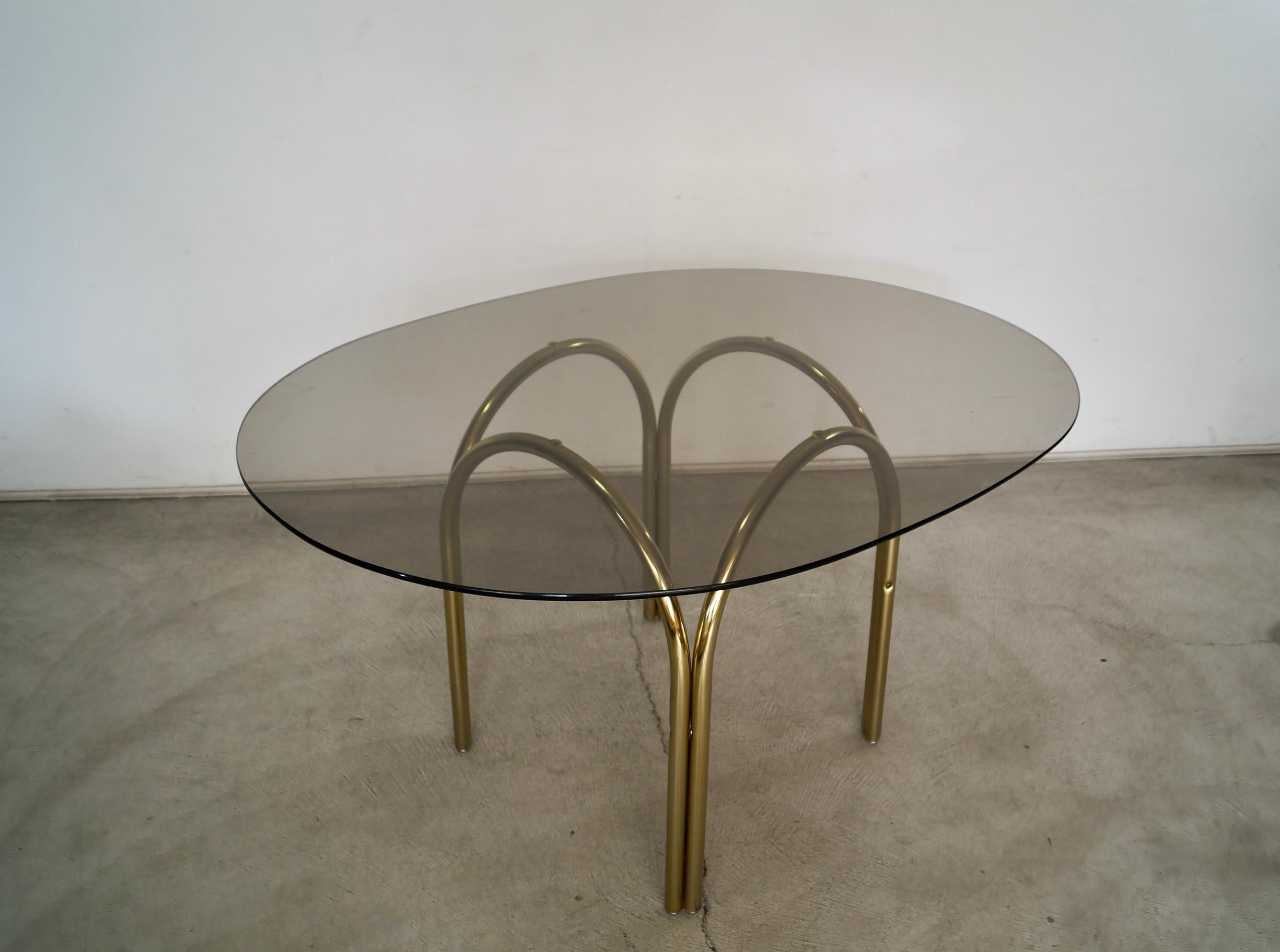 1970's Art Deco Hollywood Regency Brass & Smoked Glass Dining Table For Sale 1