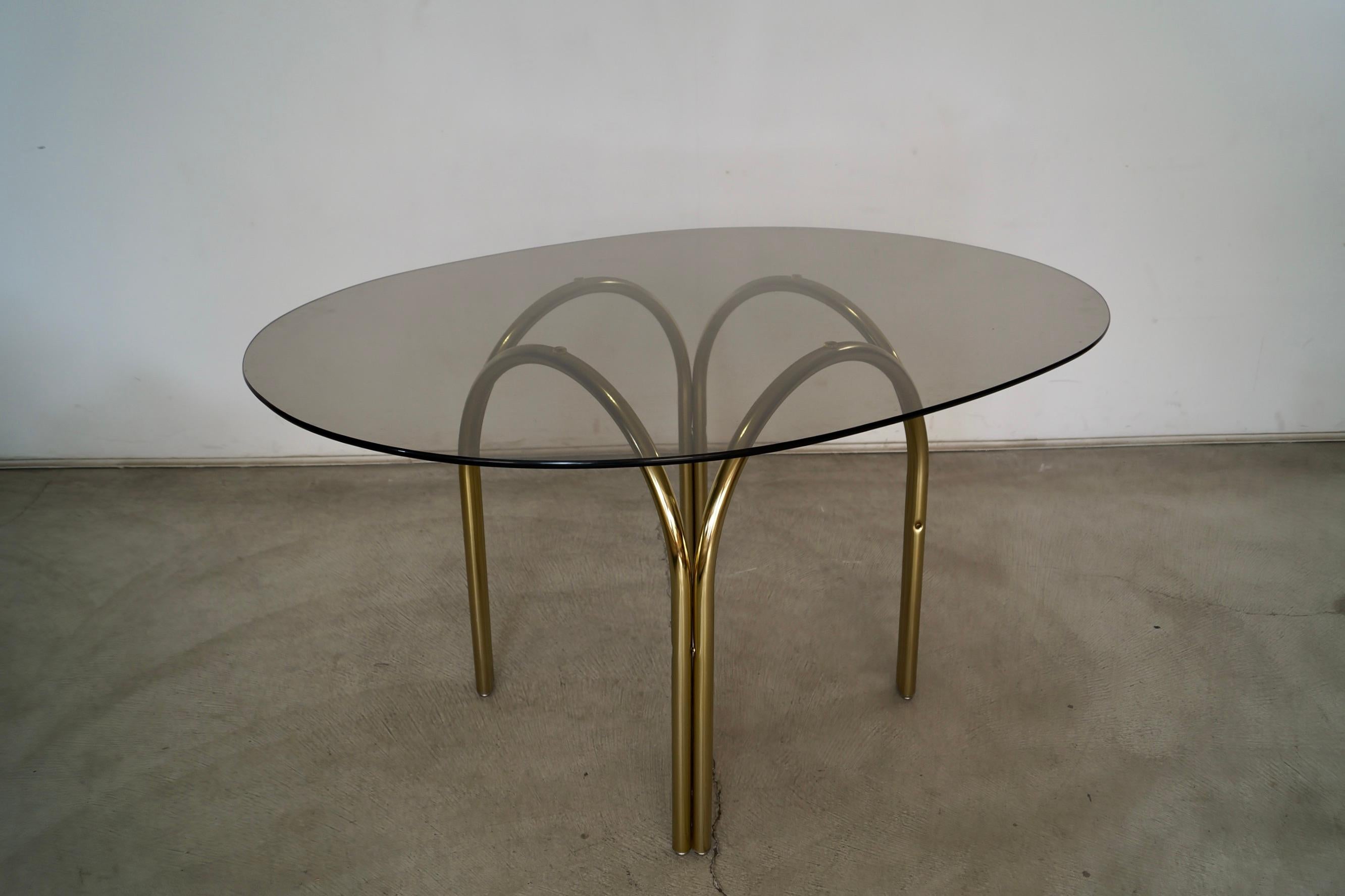 1970's Art Deco Hollywood Regency Brass & Smoked Glass Dining Table For Sale 2