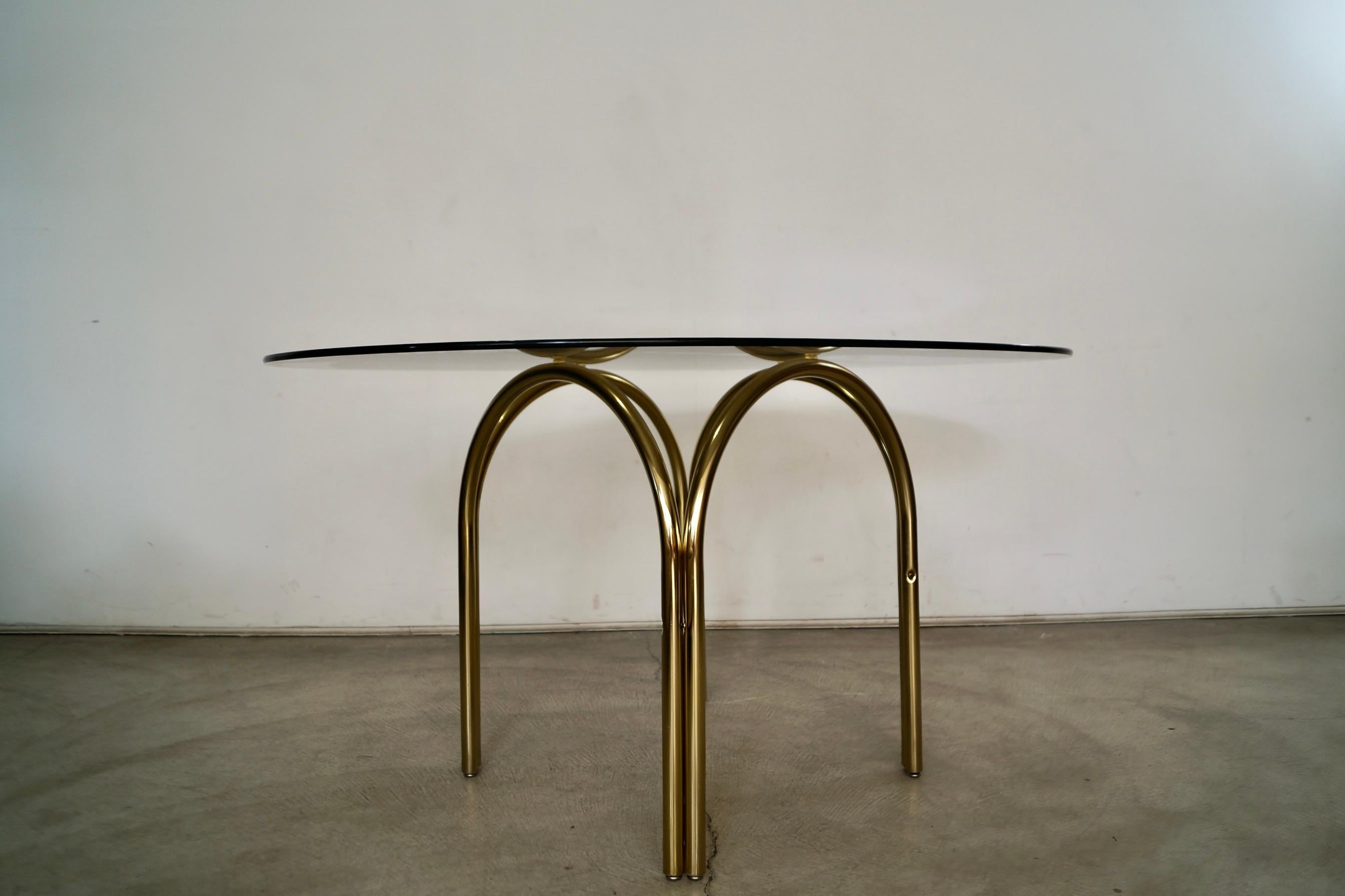 1970's Art Deco Hollywood Regency Brass & Smoked Glass Dining Table For Sale 3