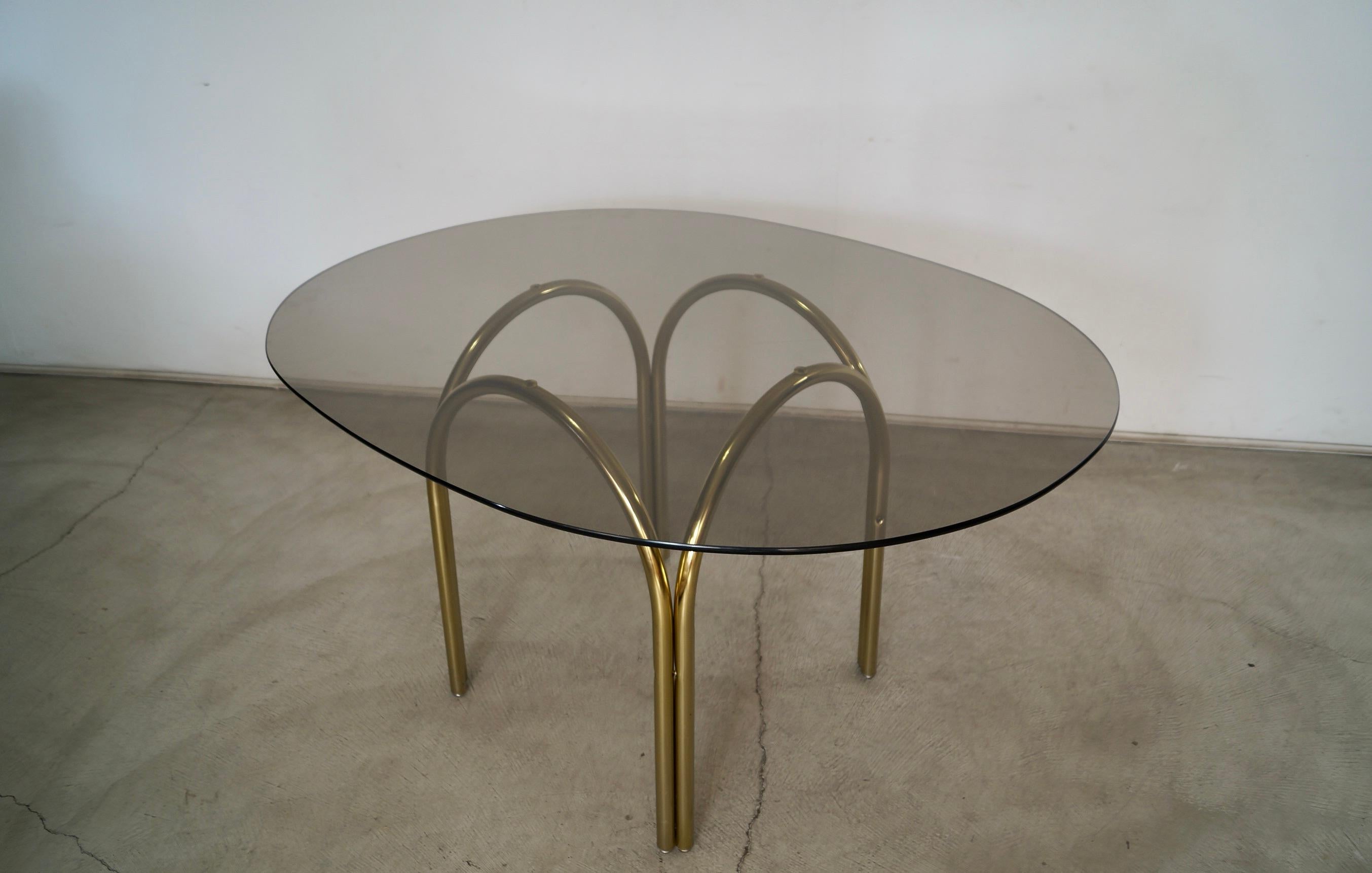 1970's Art Deco Hollywood Regency Brass & Smoked Glass Dining Table For Sale 4
