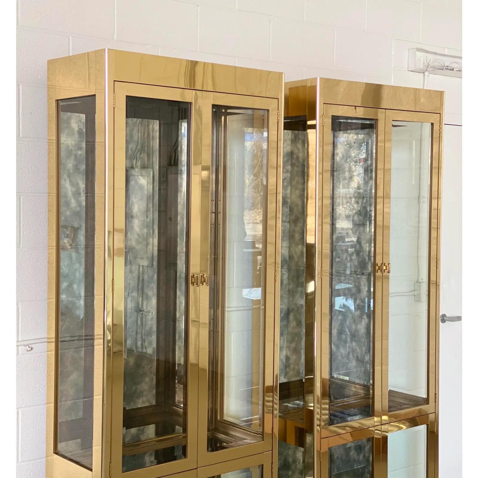 North American 1970s Art Deco Mastercraft Brass and Glass Display Cabinets-a Pair