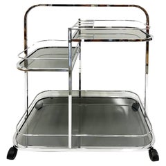 1970s Art Deco Revival Tiered Bar Cart in Chrome, Smoked Glass