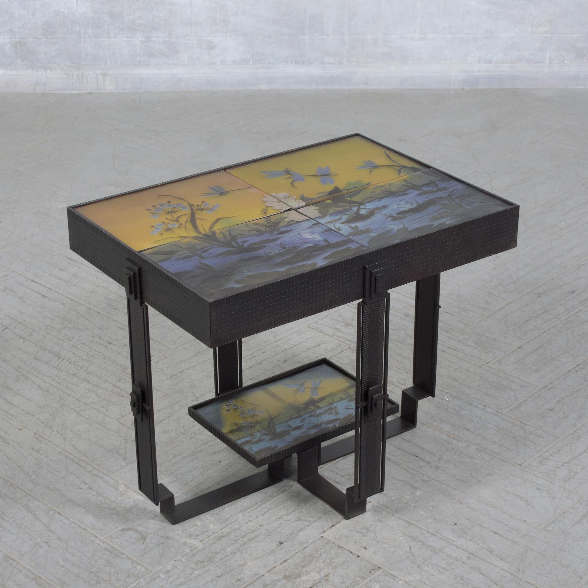 Peinture Table d'appoint Art déco des années 1970, chef-d'œuvre en fer et en verre en vente