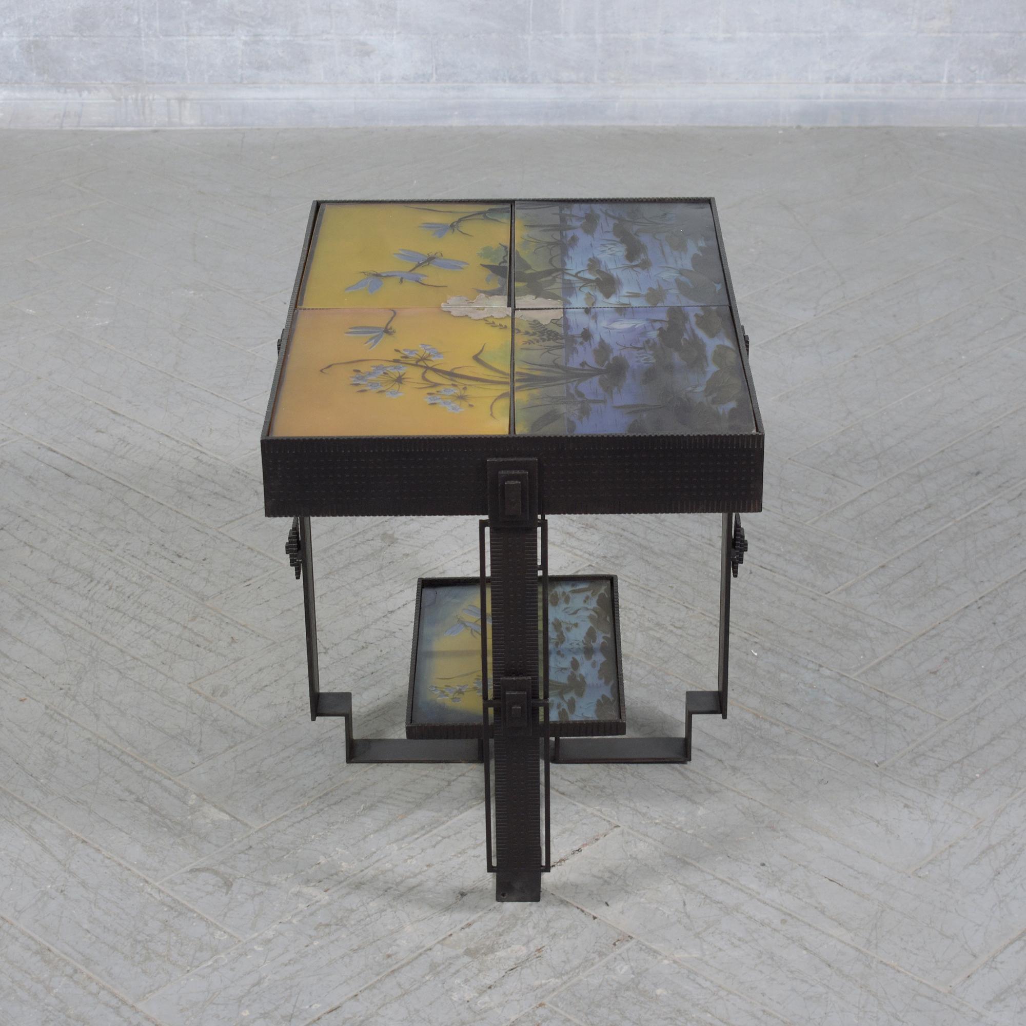 Table d'appoint Art déco des années 1970, chef-d'œuvre en fer et en verre en vente 1
