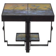 1970s Art Deco Side Table: Vintage Iron & Glass with Intricate Nature Scenes