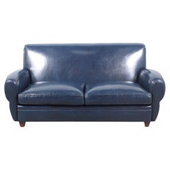 1970s Art Deco Sofa Restoration: Timeless Elegance in Navy Blue Leather
