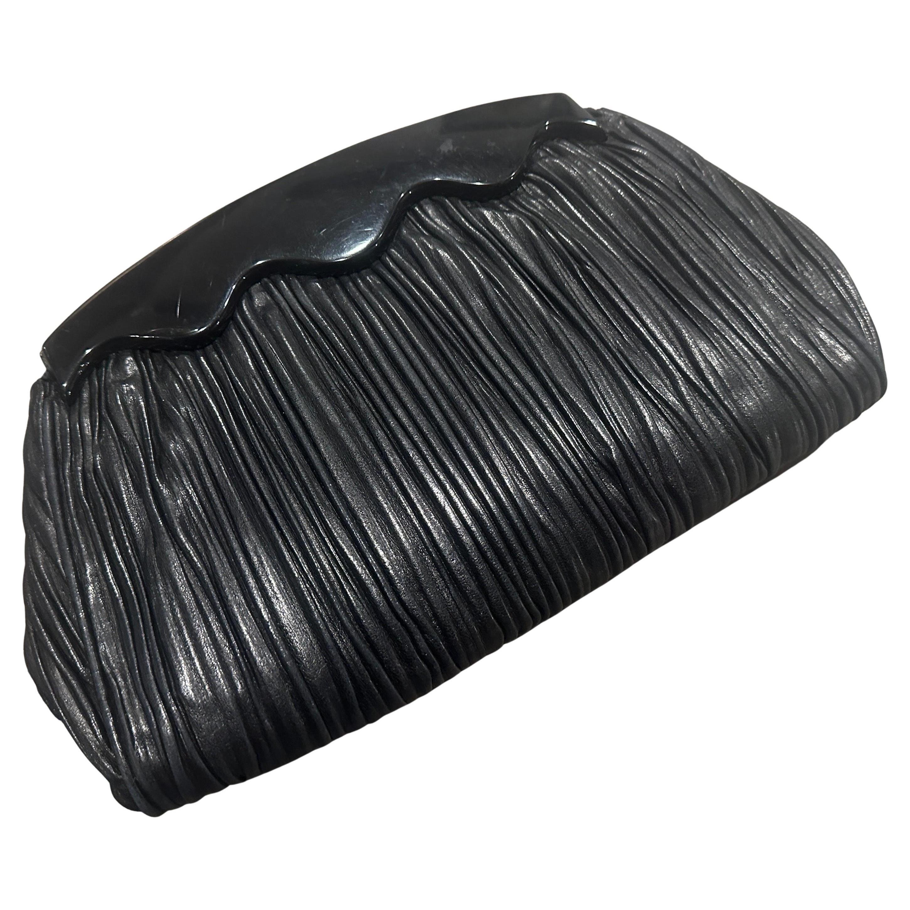 1970 Art Deco Style Black Leather and Bakelite Clutch by Colombetti Milano